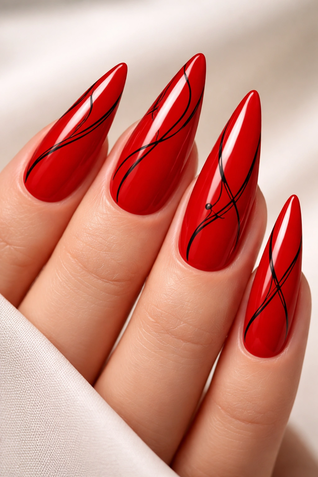 Bright red stiletto nails with minimalist black line art