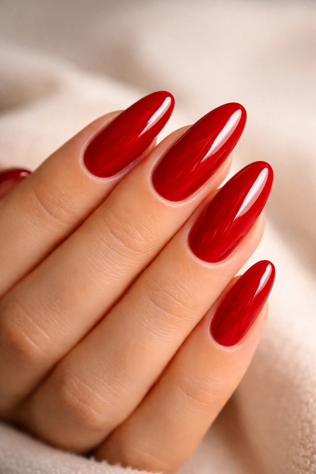 Close-up of clean, well-manicured red long-oval nails with neat cuticles.