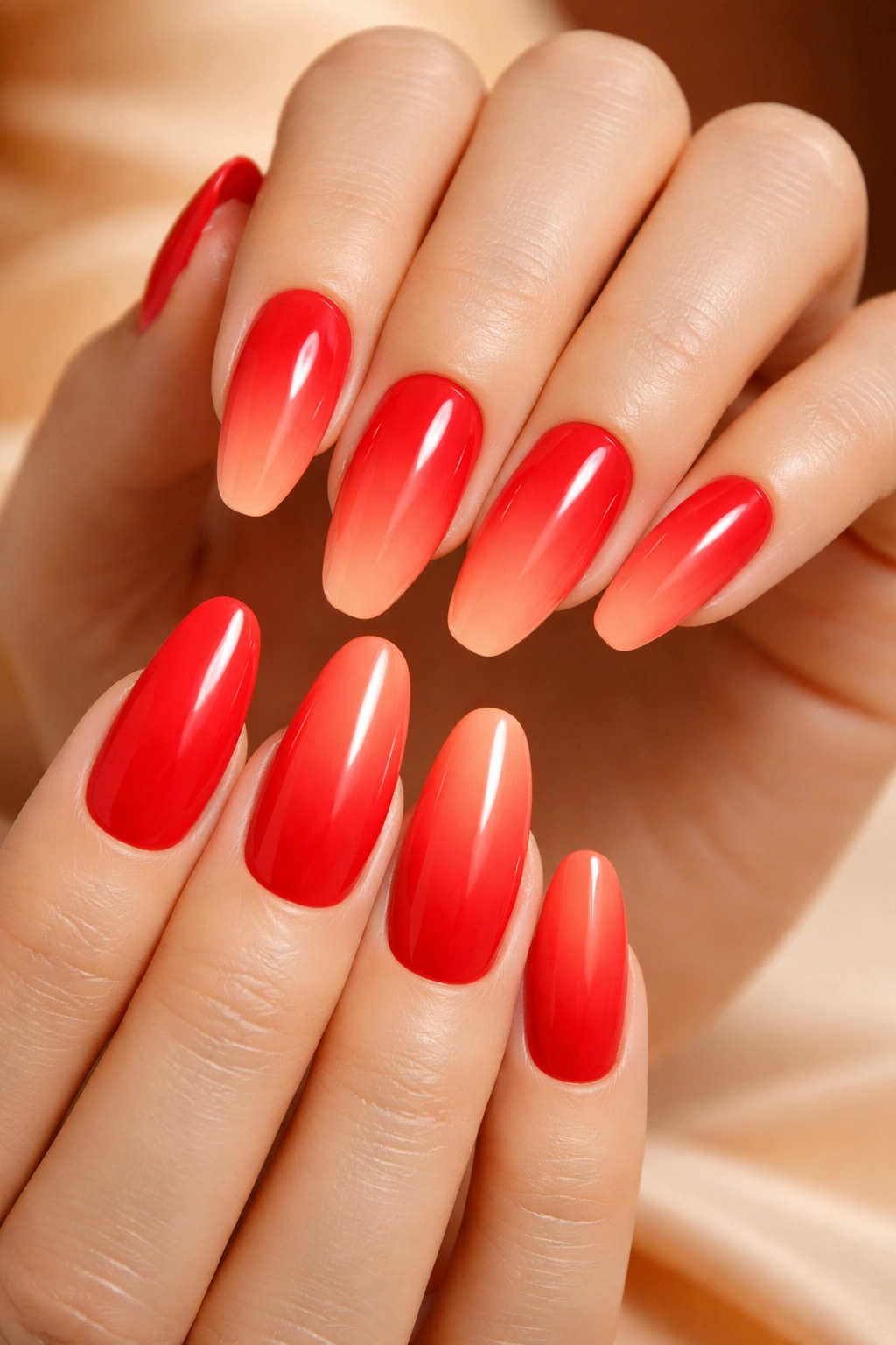 Long oval nails featuring a red to coral ombre with a glossy finish