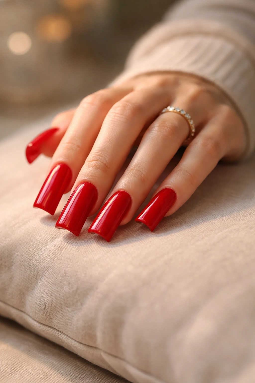 Close-up of hand with red duck nails in a calm pose