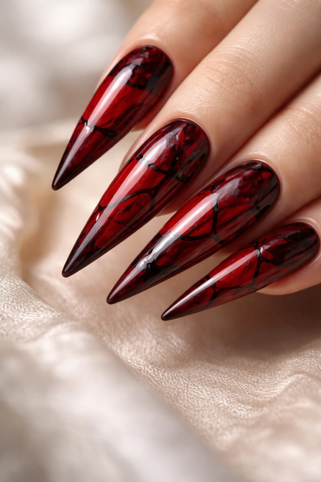 Close-up of red nails with black marble veining on stiletto tips