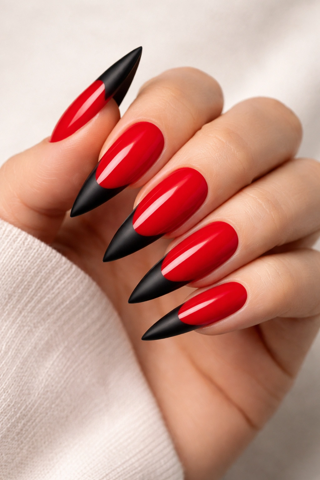 Close-up of hot red stiletto nails with matte black tips