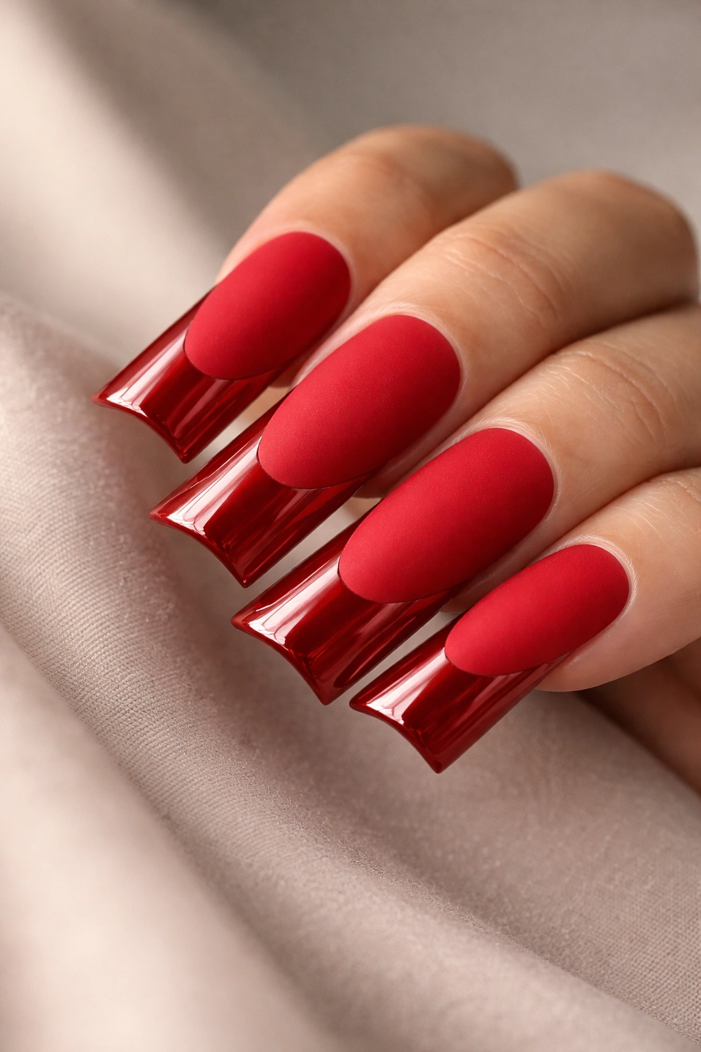 Close-up of red duck nails with matte base and glossy accent stripe