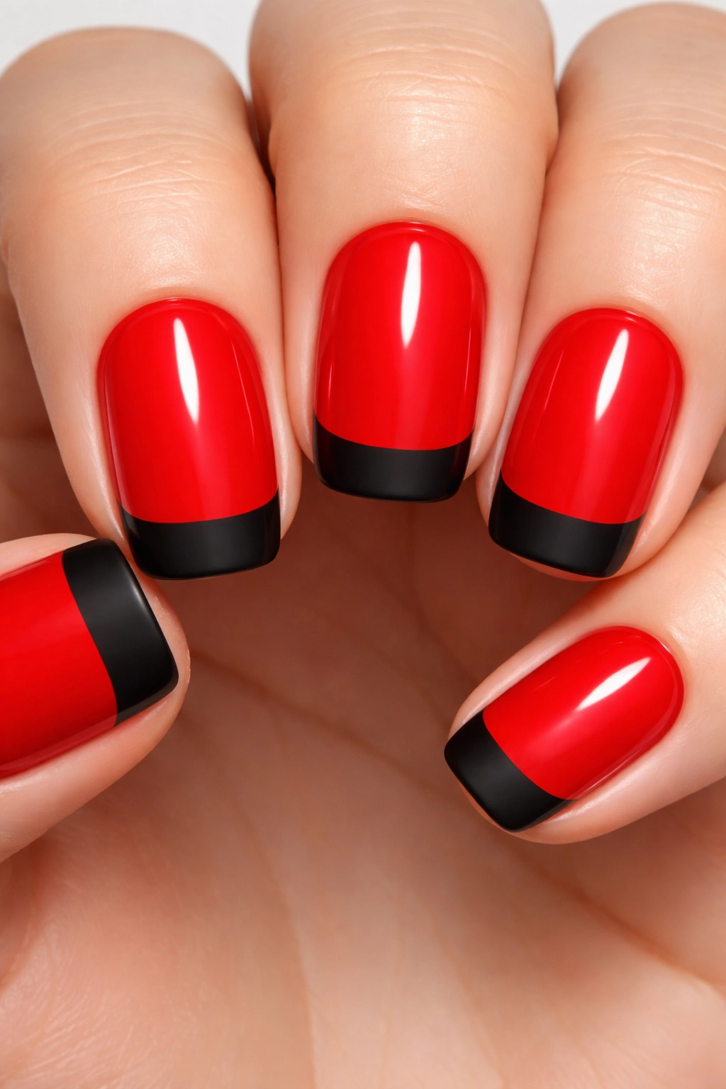 Close-up of bright red squoval nails with matte black tips