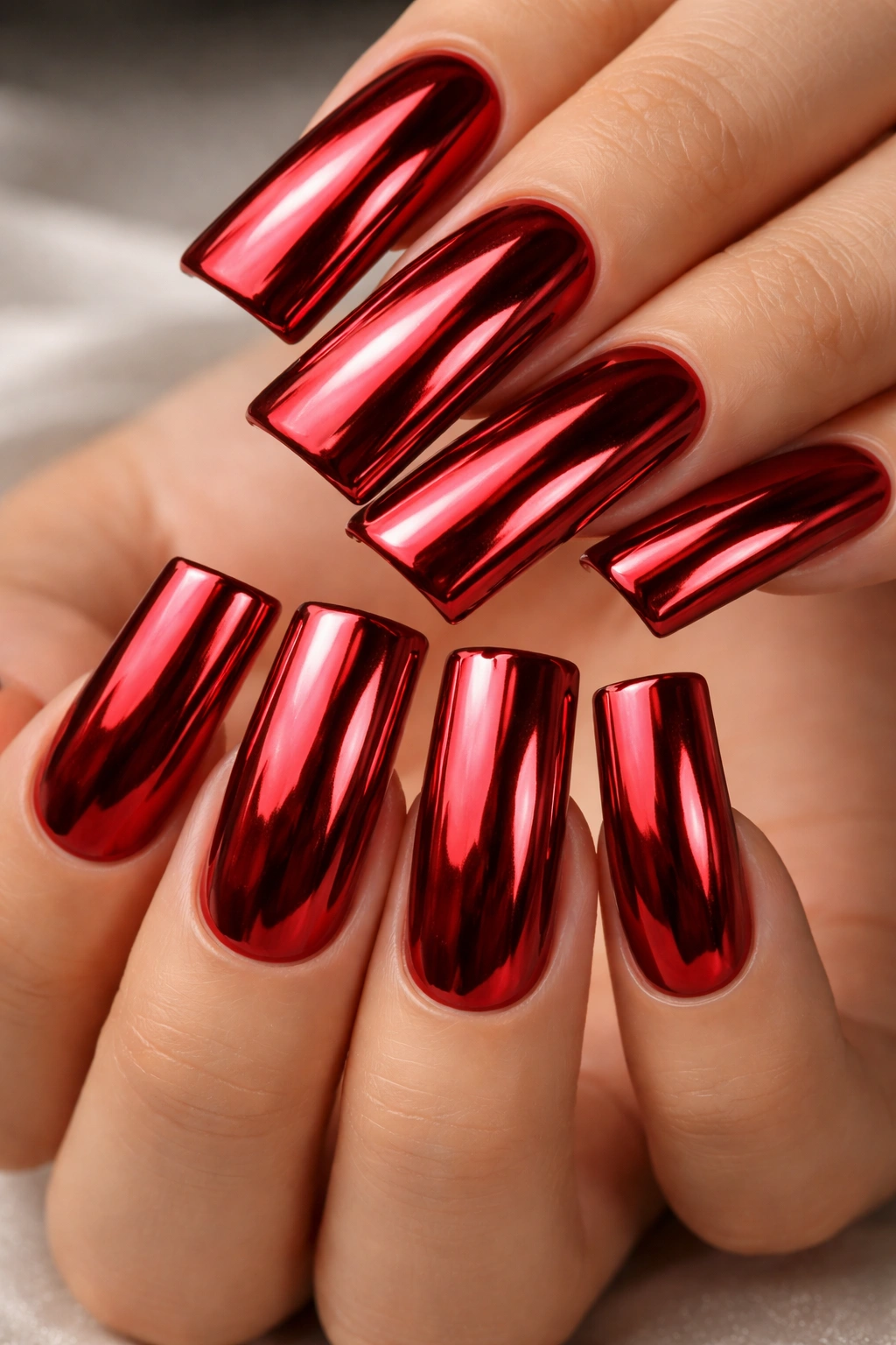 Close-up of red duck nails with metallic chrome finish reflecting light