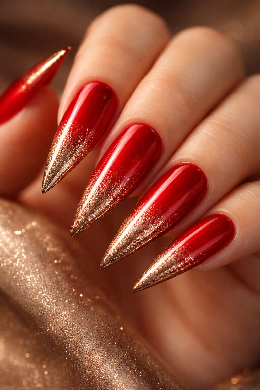 Red nails with metallic gradient fade at tips