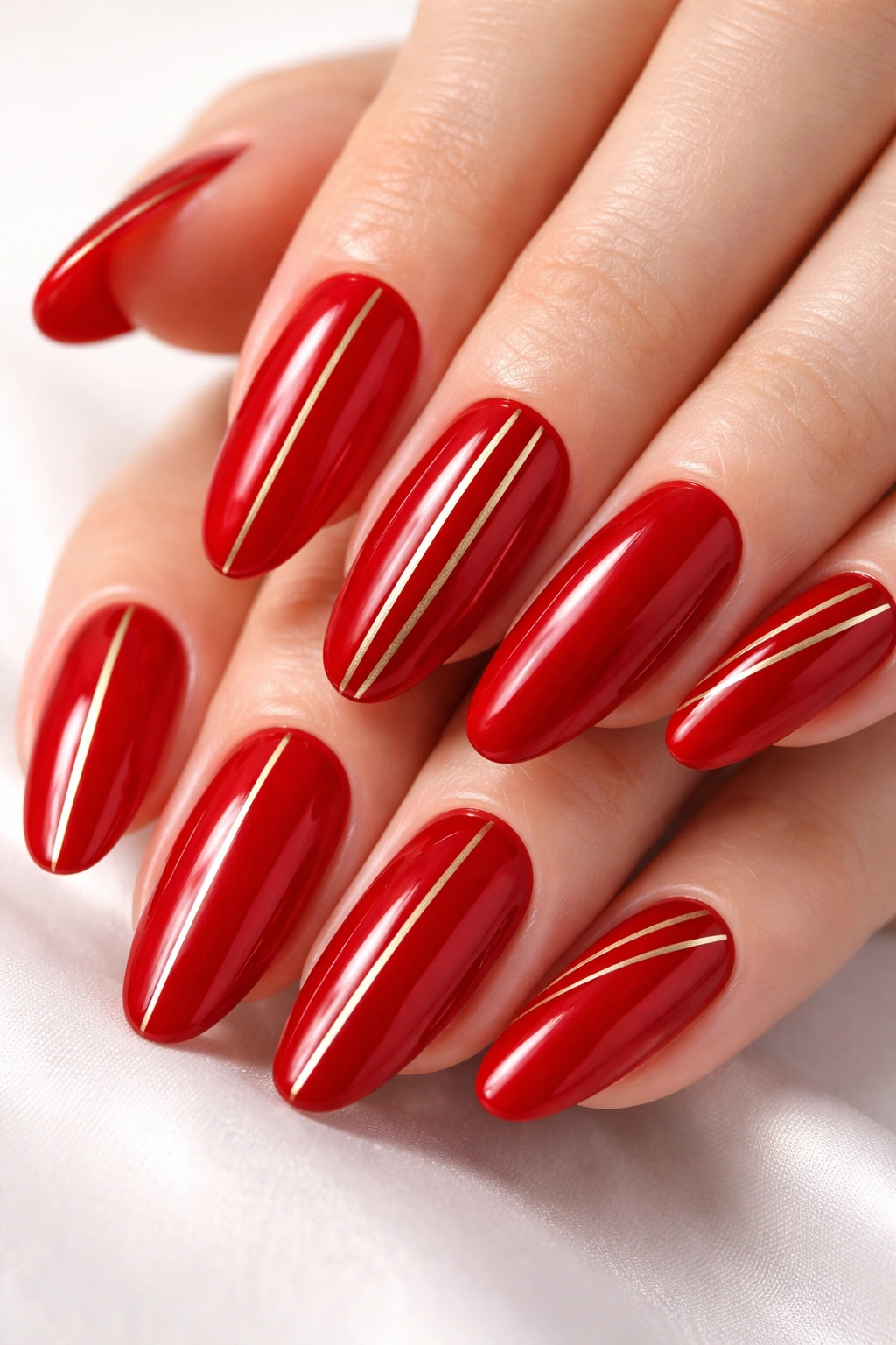 Close-up of long red oval nails with fine gold or silver stripes