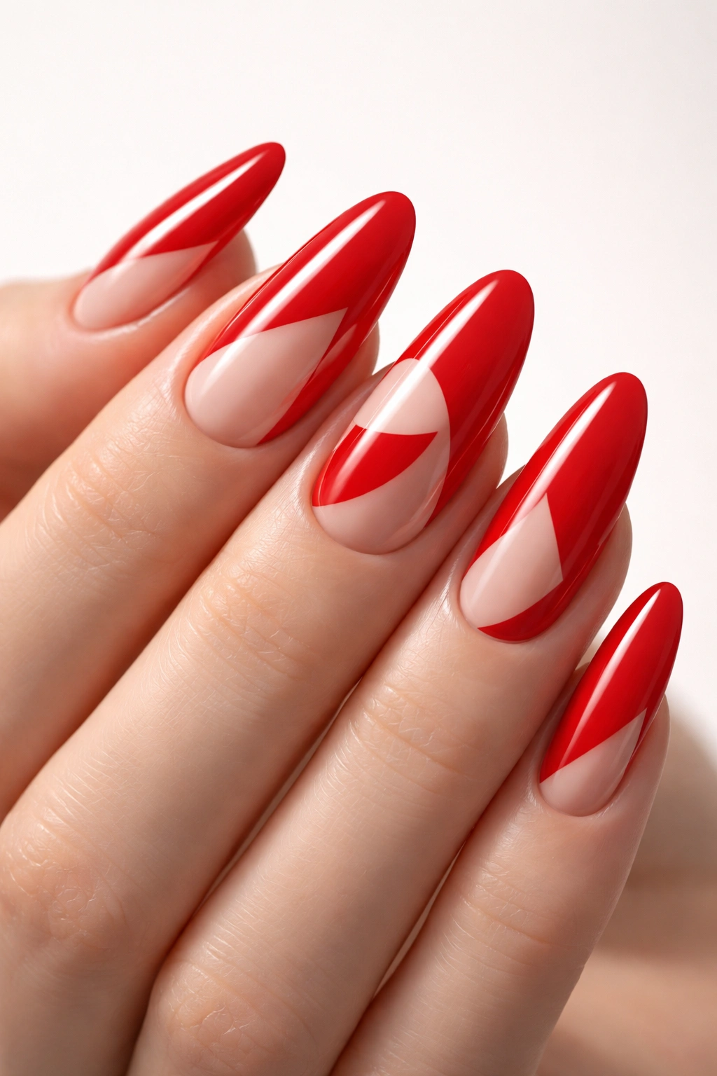 Red nails with negative space manicure pattern across five nails