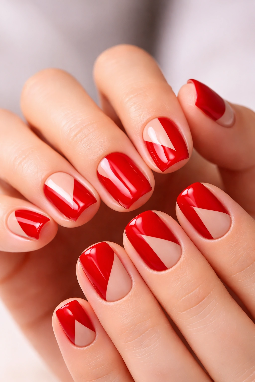 Red nails with negative space design on short squoval nails