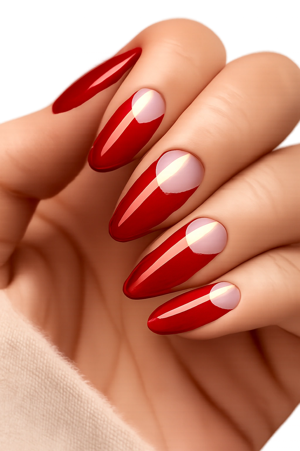 Close-up of long oval nails with red polish and clear negative-space design.