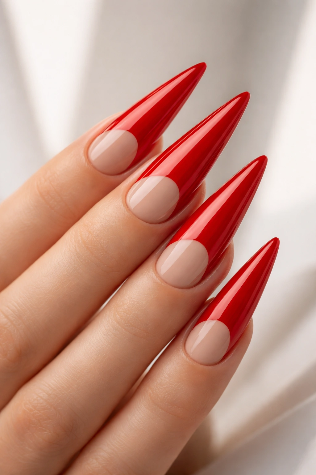 Fire engine red stiletto nails with negative space design.