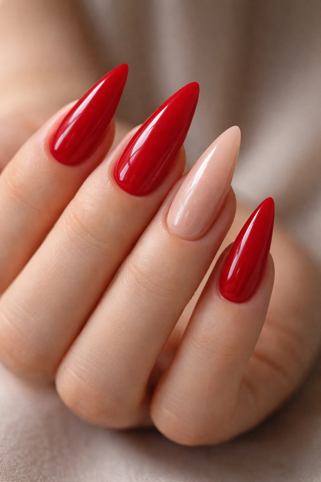 Red nails with nude accent nail.