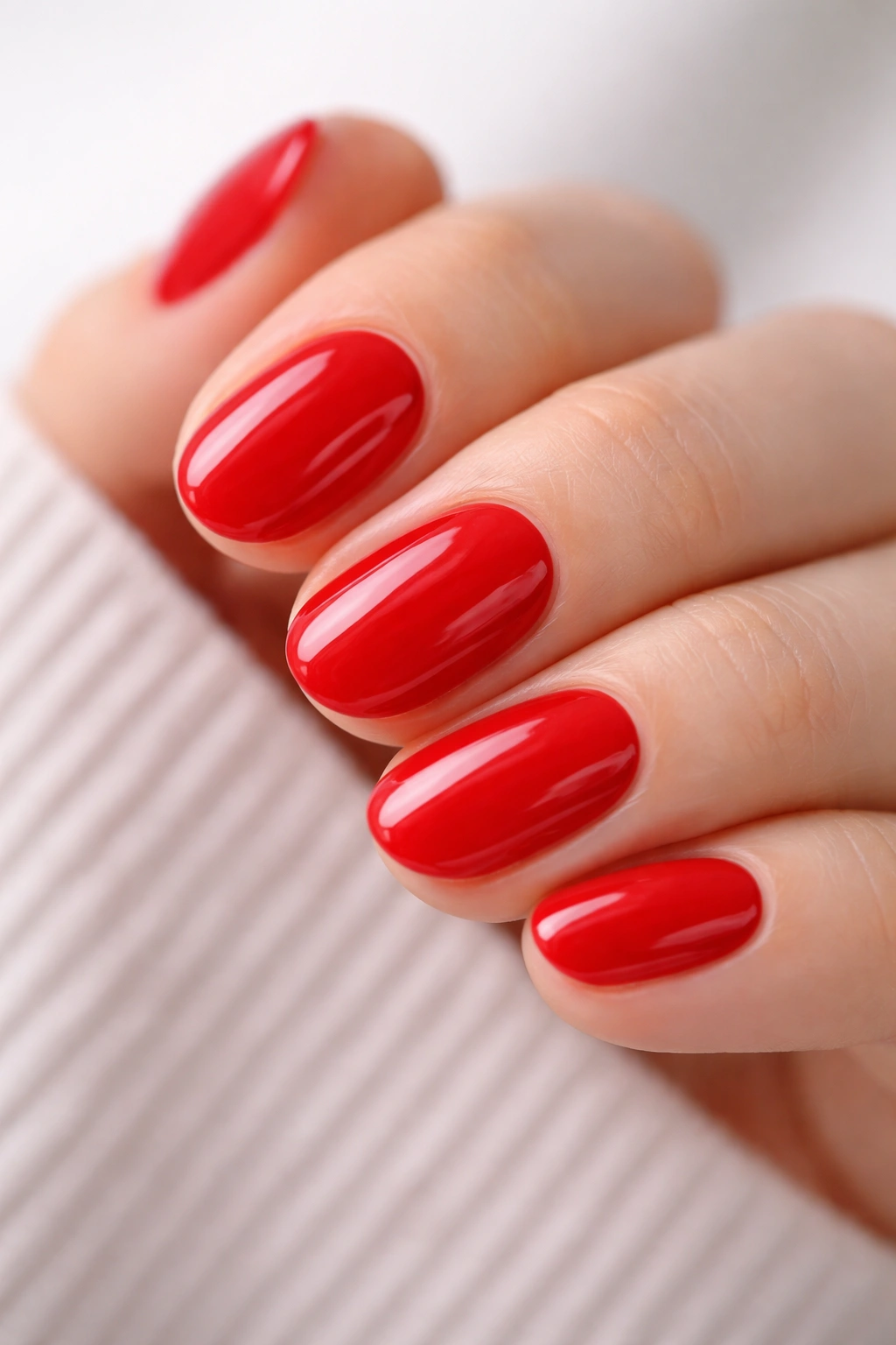 Close-up of red short oval nails with glossy finish