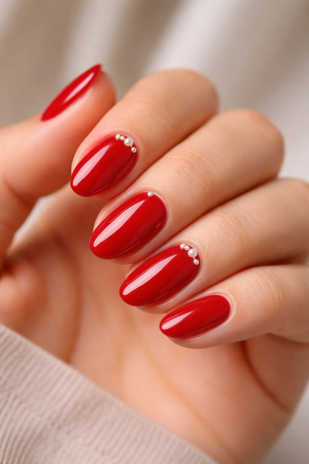 Short almond nails in cherry red with tiny pearl accents near the cuticle on two nails