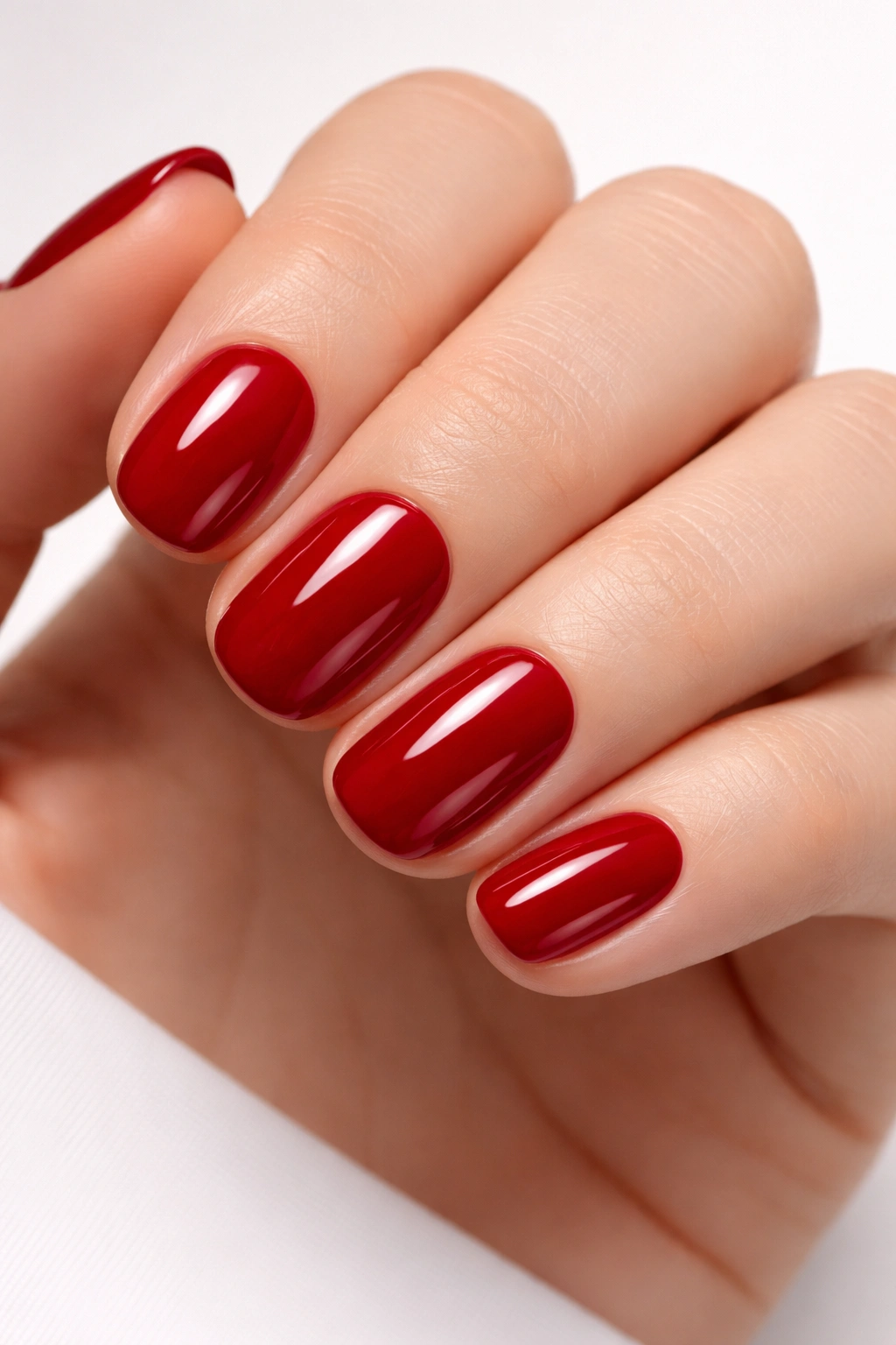 Close-up of nails in deep red with high gloss on neutral background