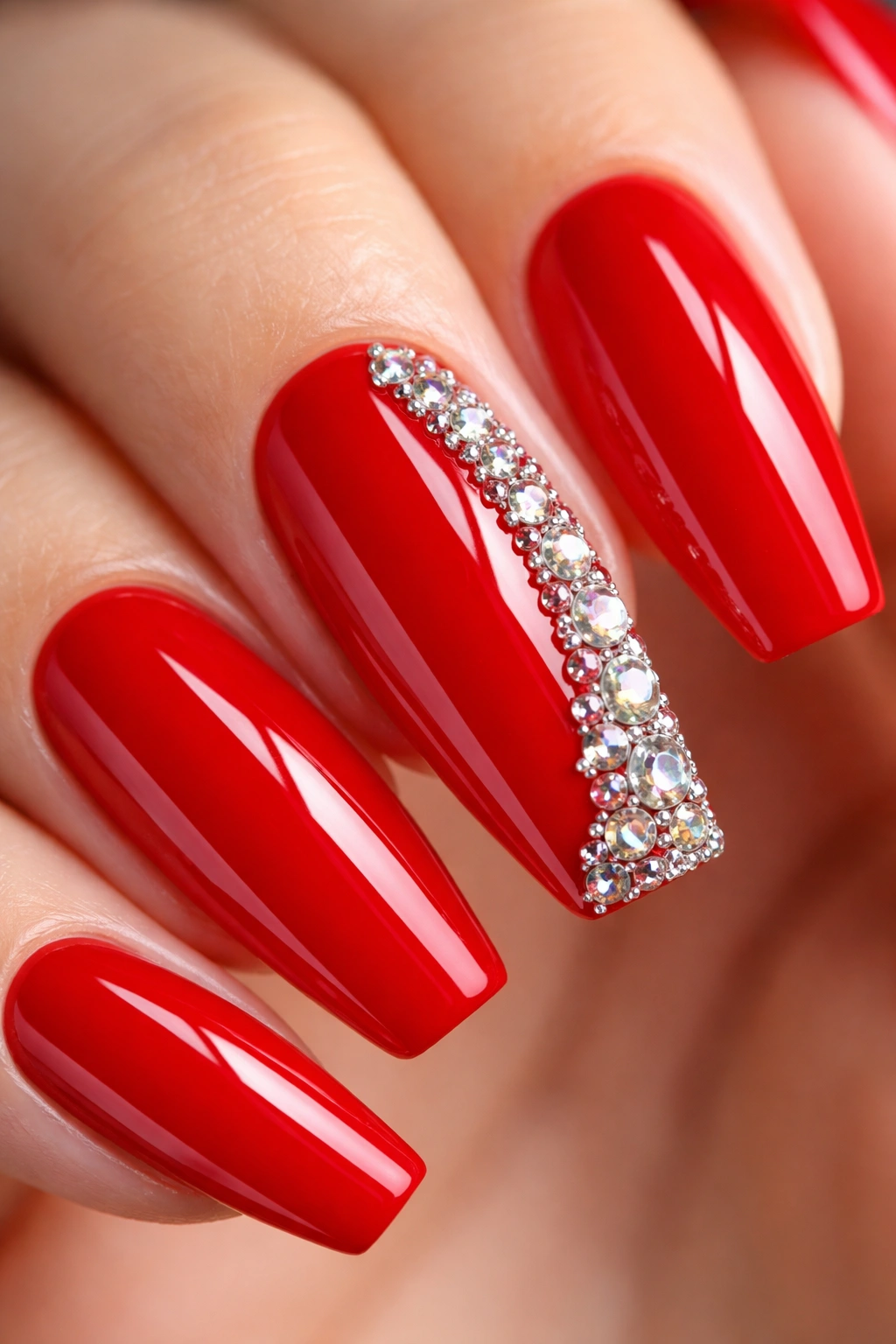 Red coffin nail with rhinestones catching light