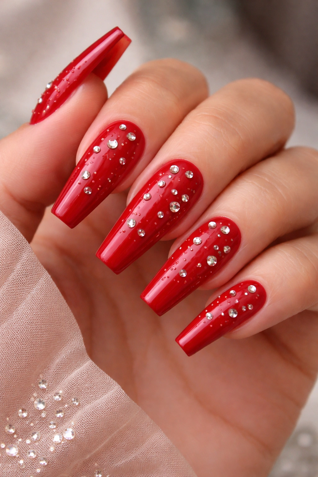 Close-up of glossy red coffin nails with scattered rhinestones