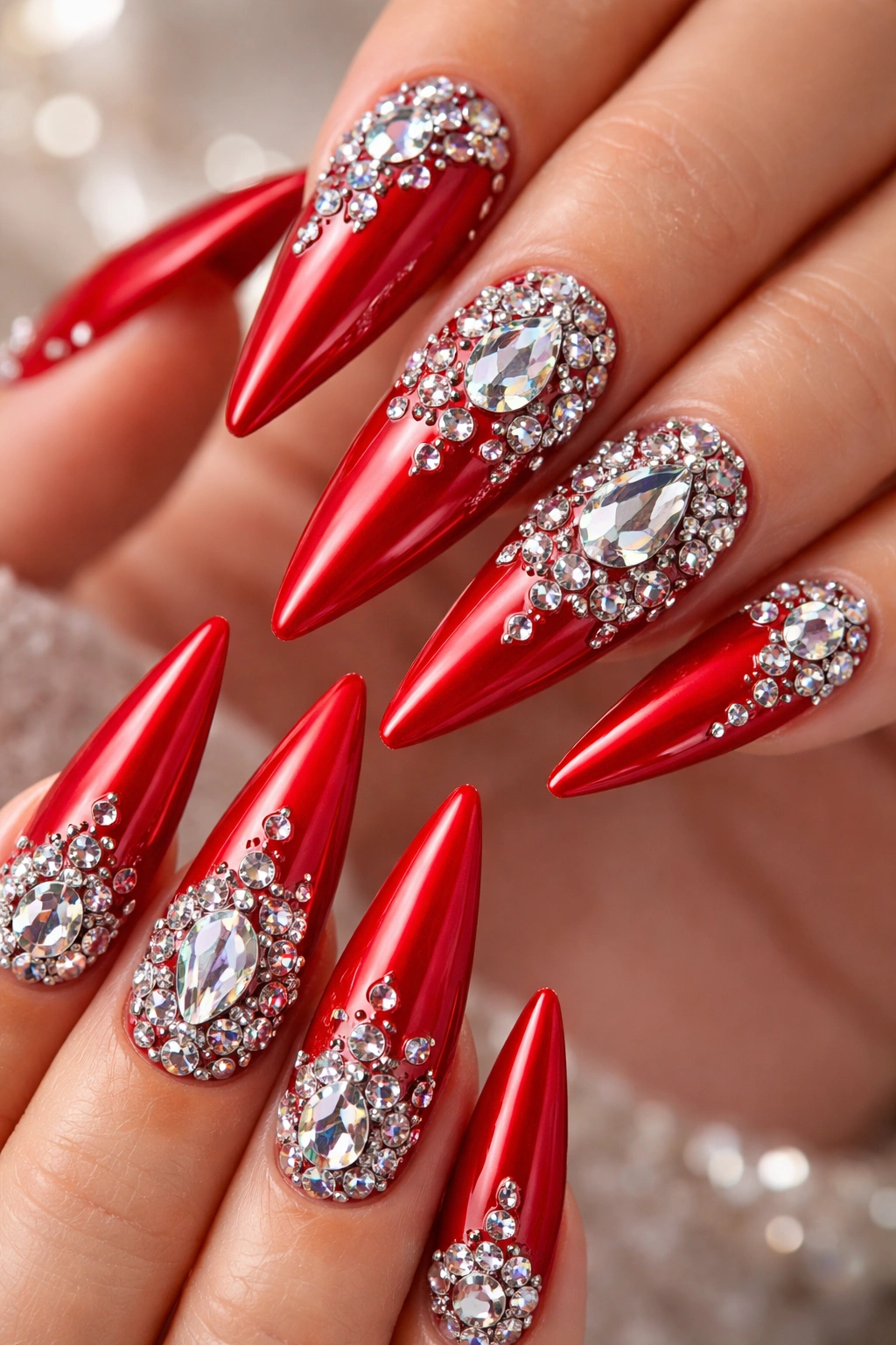 Red stiletto nails with rhinestone embellishments