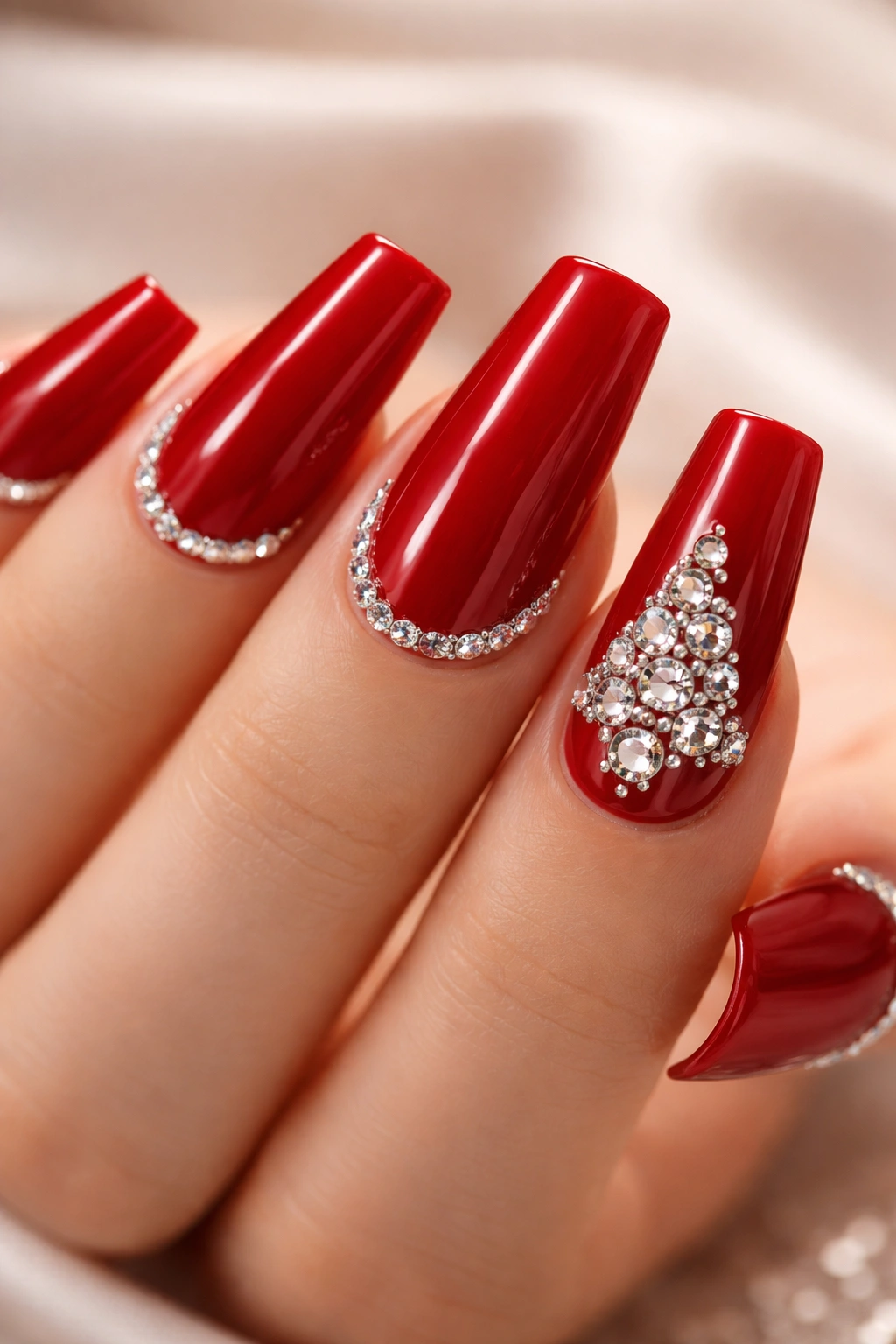Close-up of red duck nails with rhinestone embellishments along the cuticle line