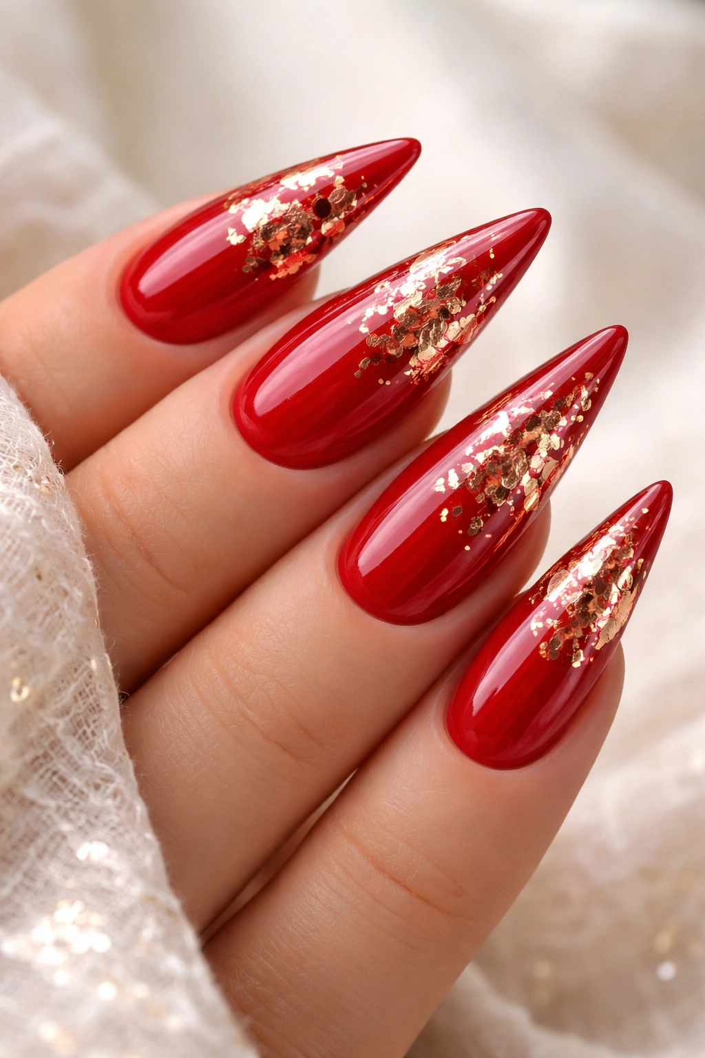Close-up of red stiletto nails with rose gold foil accents.