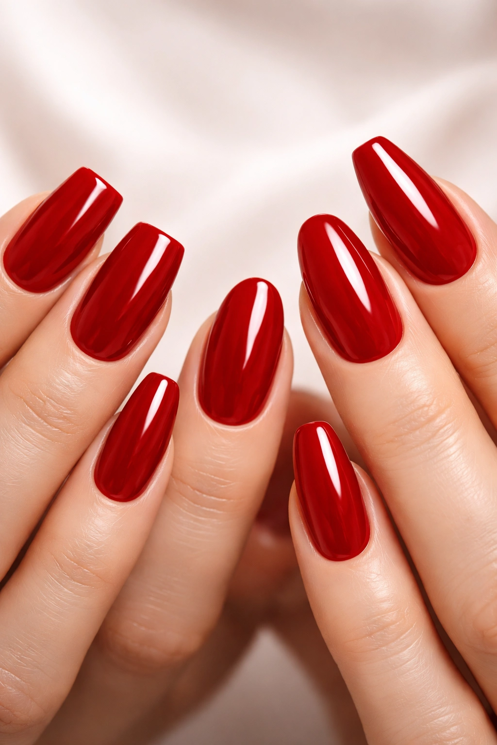 Close-up of a hand with red nails in different shapes, studio lighting