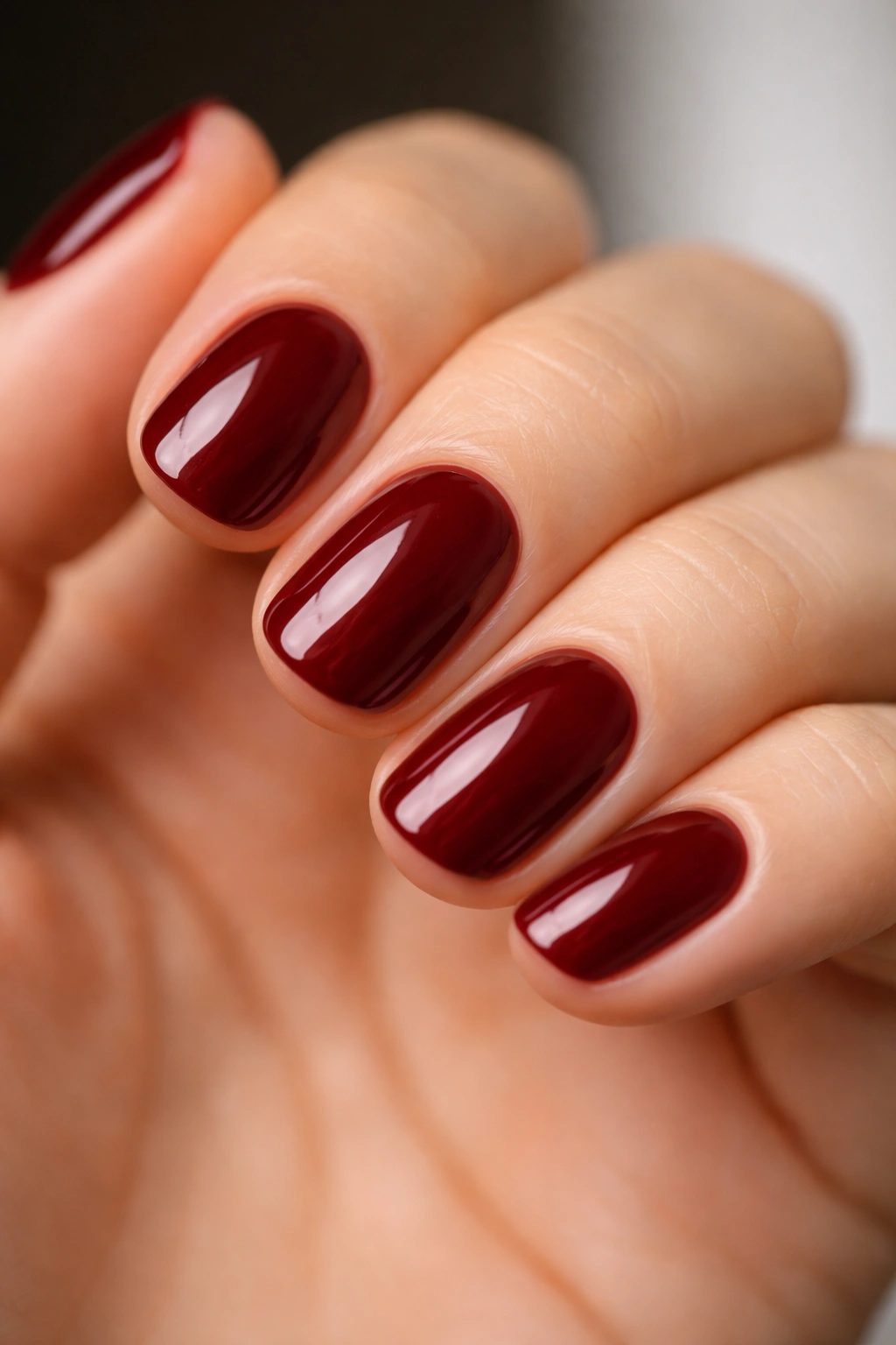 Close-up of short oval nails in deep red polish