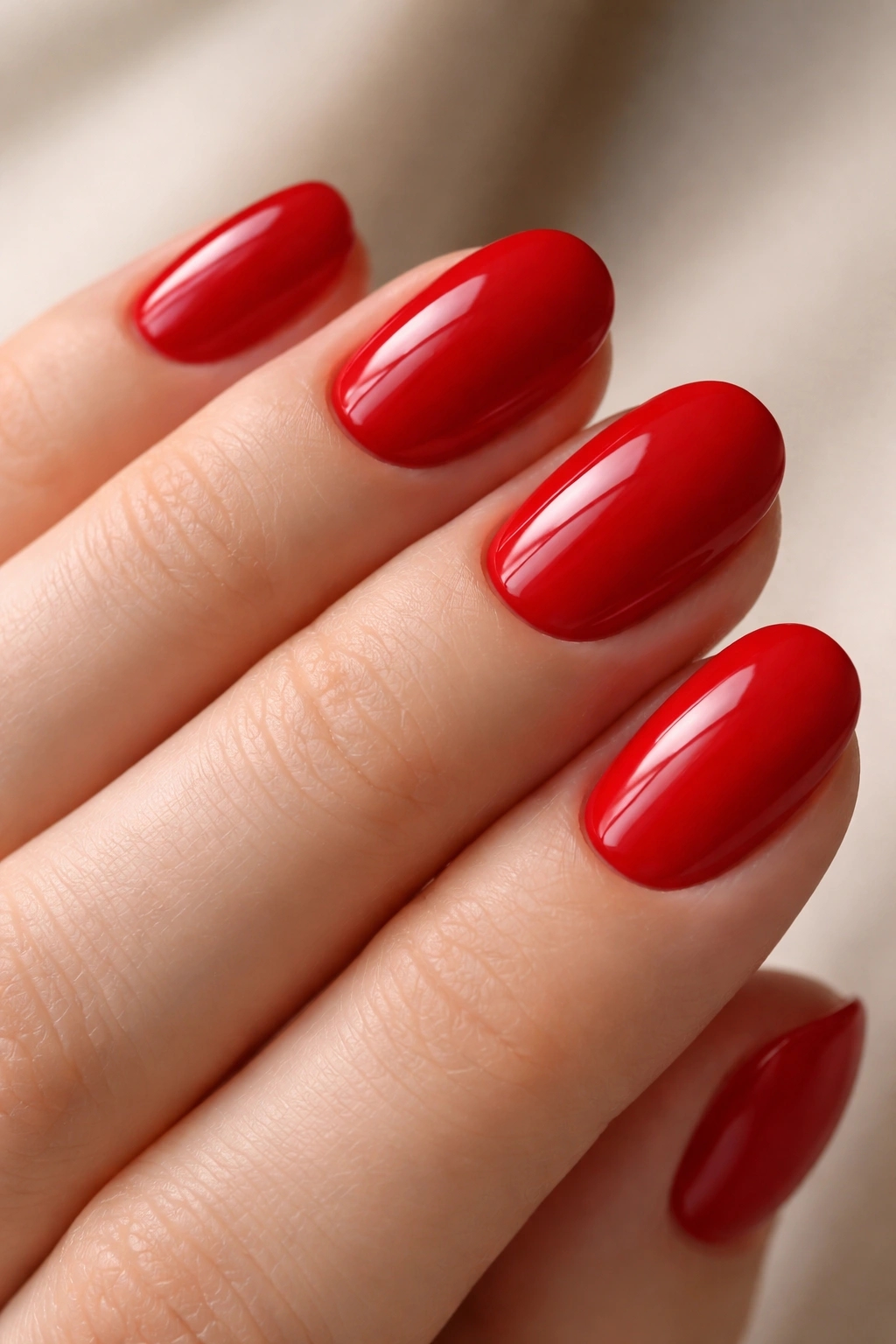 Close-up of short oval nails painted in classic red with creamy opaque finish