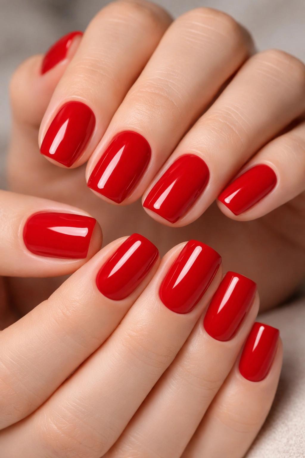 Close-up of short squoval nails in true red with glossy finish and clean cuticles