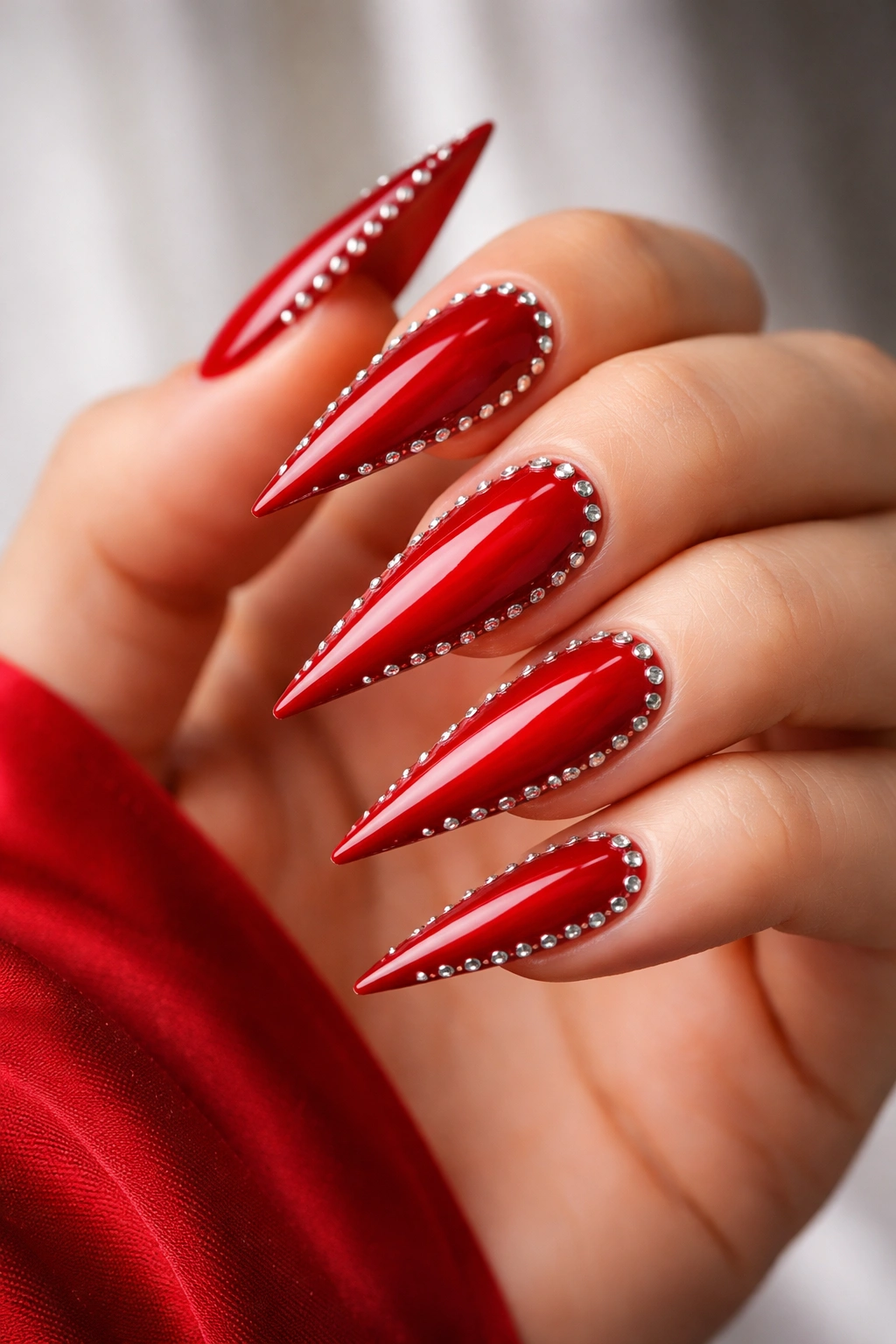 Red nails with silver studs arranged in a geometric pattern.