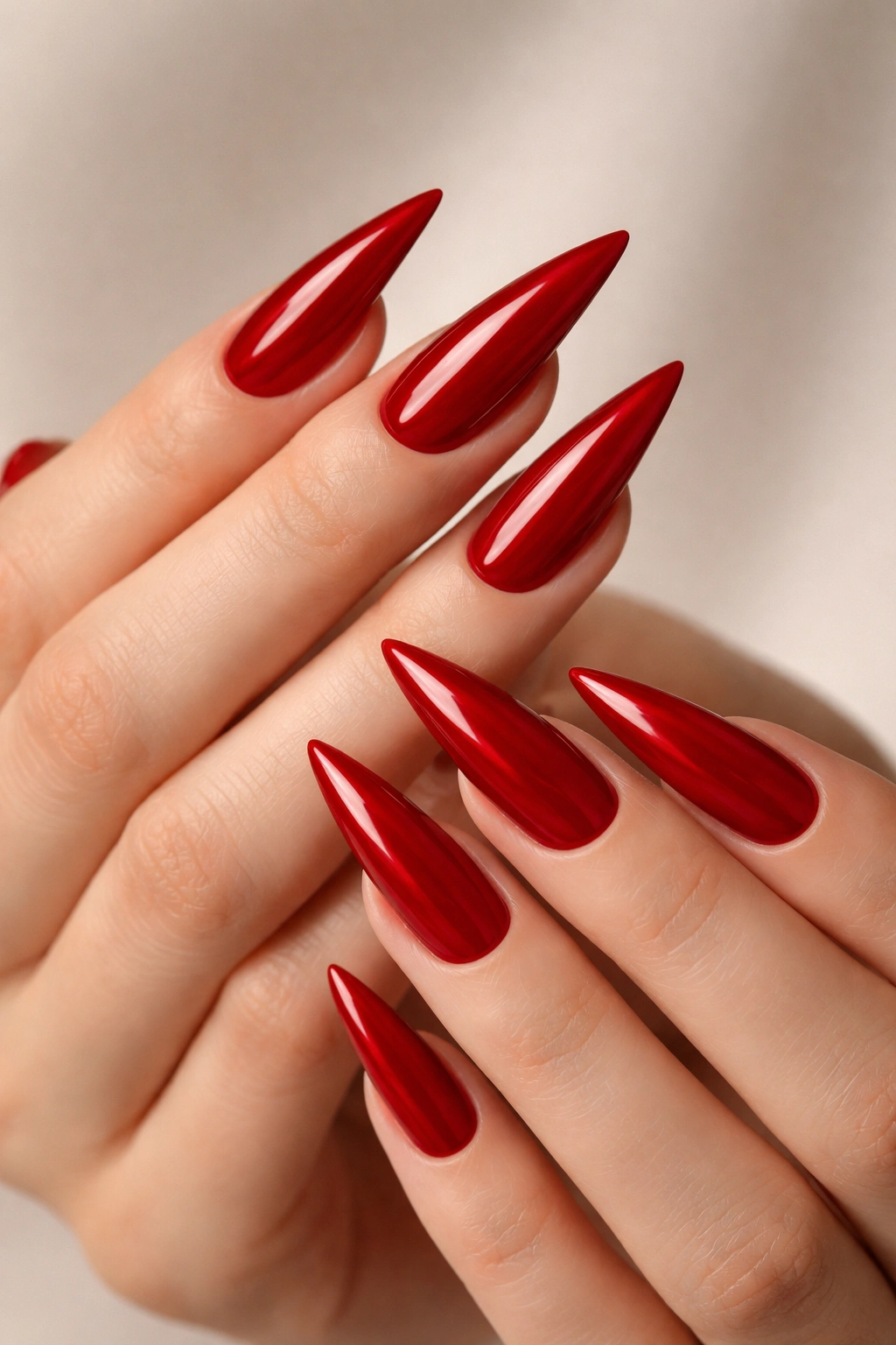 Close-up of glossy crimson red stiletto nails on hands