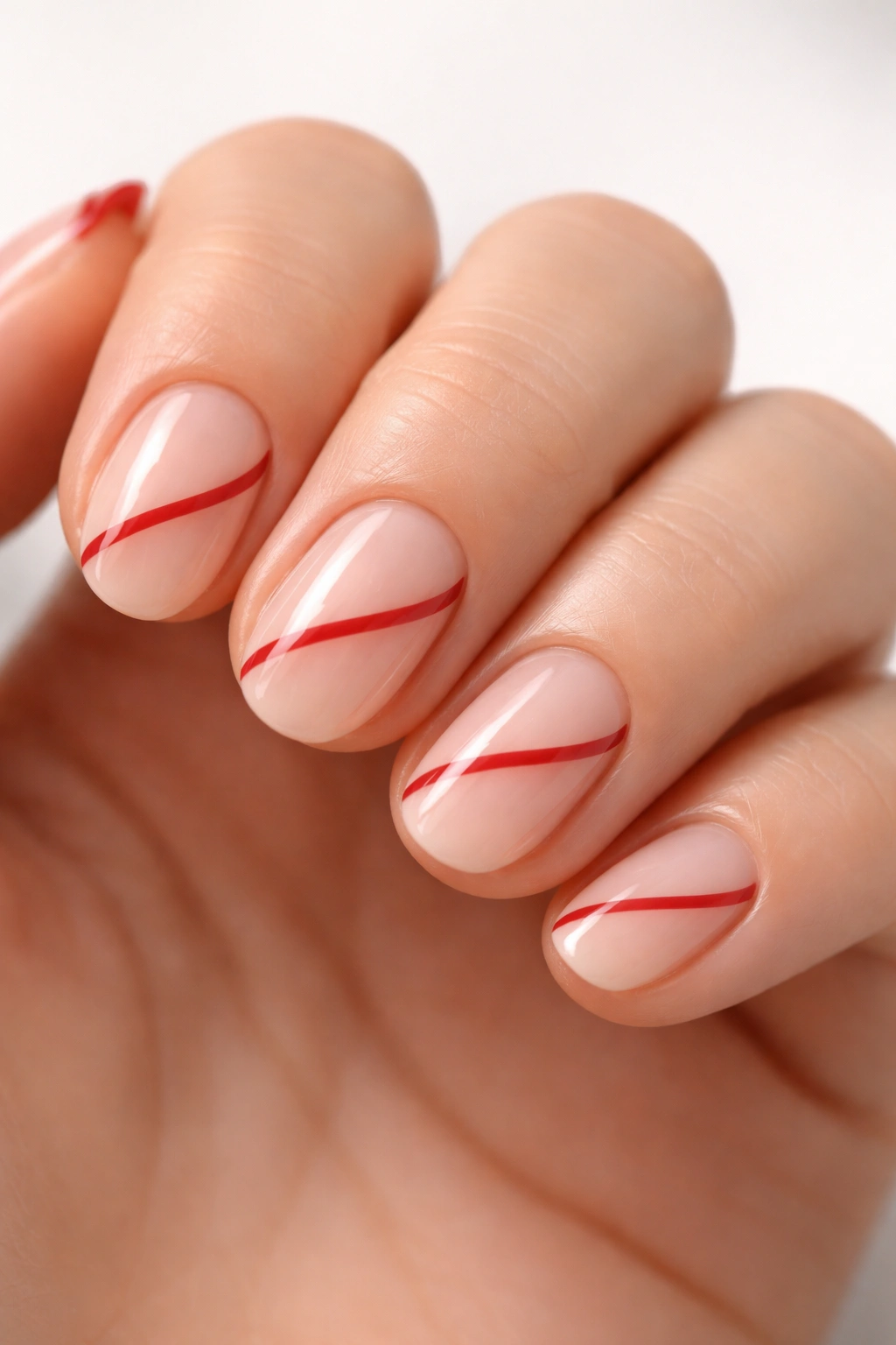 Close-up of short oval nails with red stripes on a bare base.