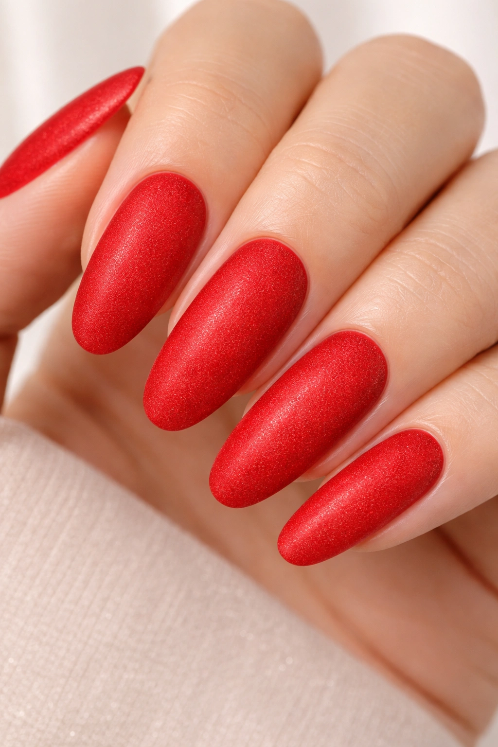 Close-up of long oval nails in true red with a subtle matte texture