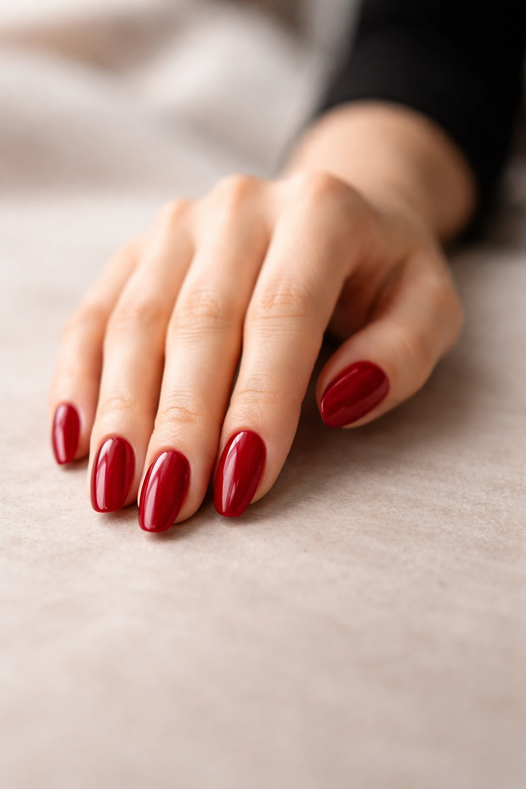 Close-up of hand with red nails on neutral background
