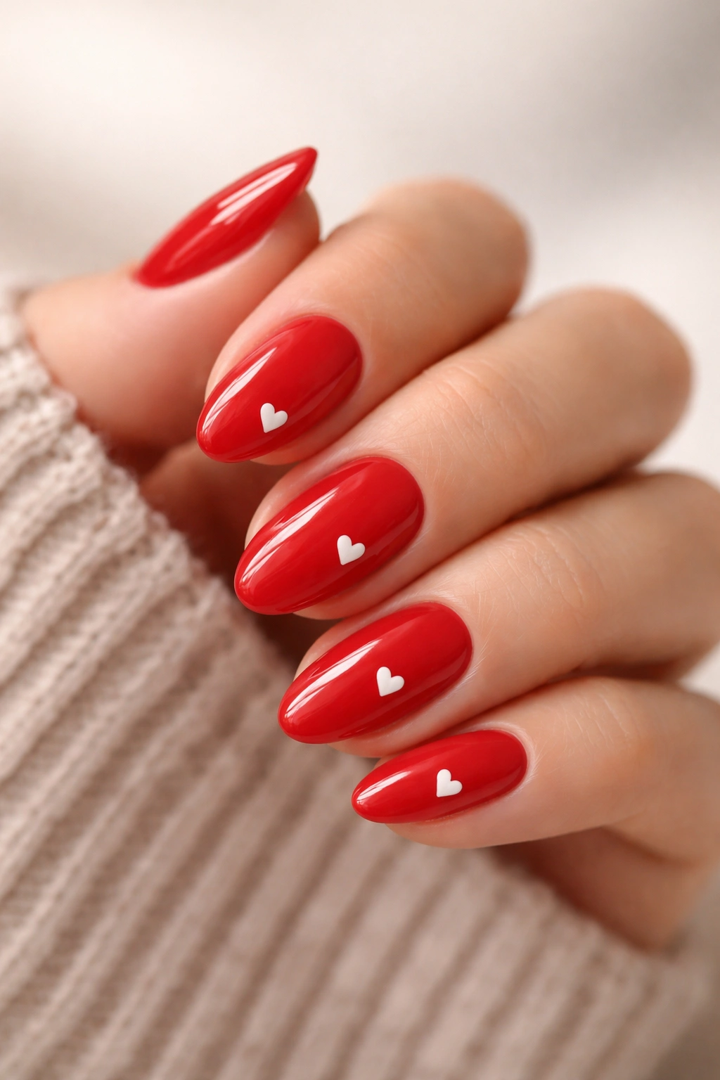 Close-up of red nails with tiny white heart shapes on almond nails.