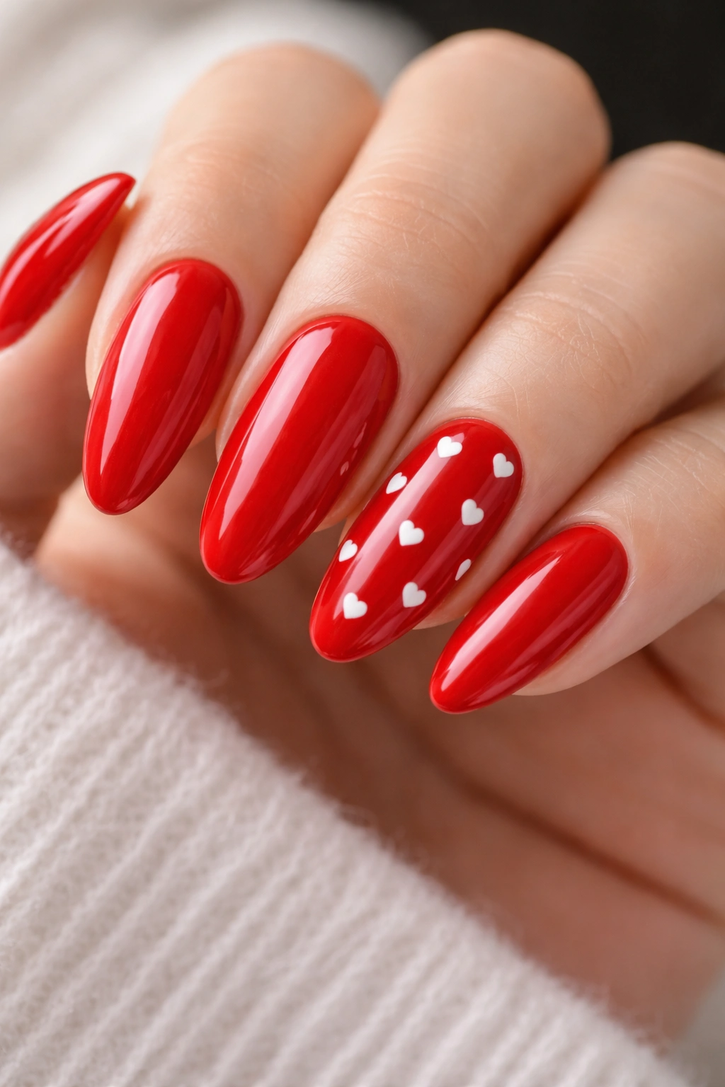 Long oval nails with red polish and tiny white hearts on accent nails