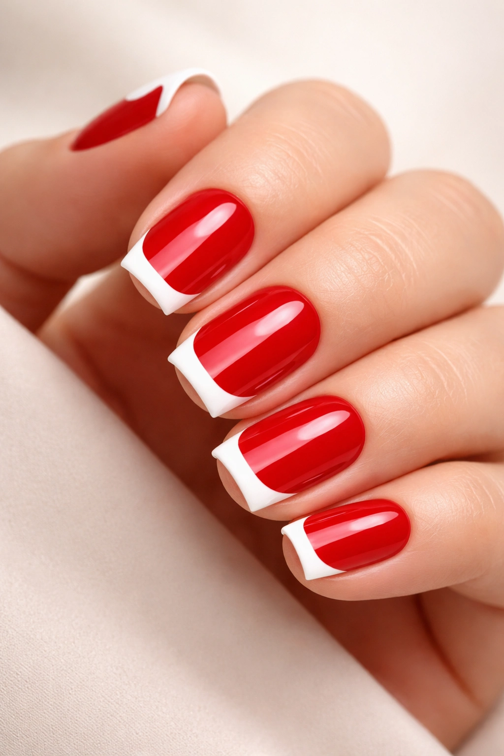 Close-up of short squoval nails with red base and white smile line at the tips.