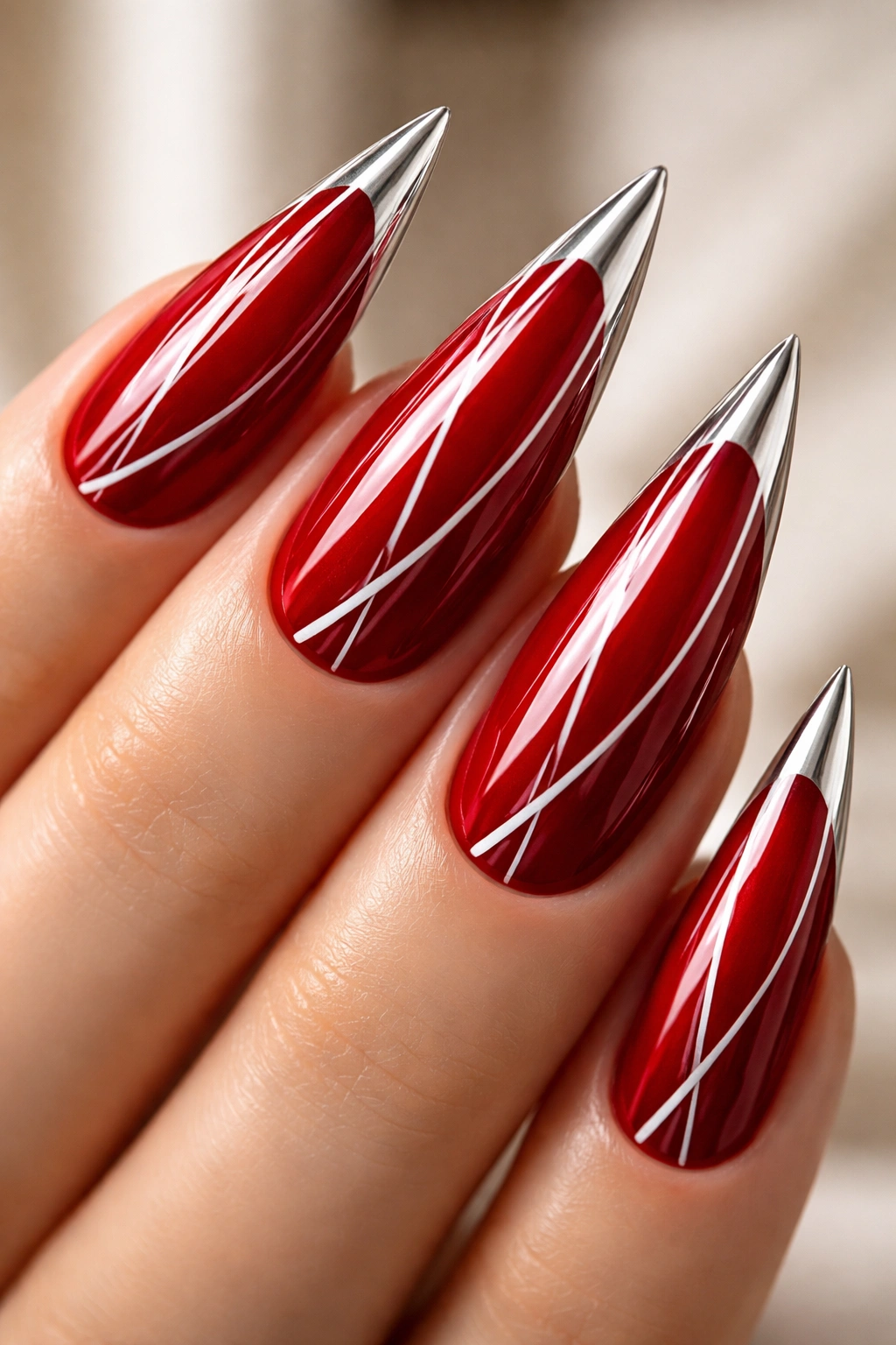 Red stiletto nails with white stripes and silver tips.