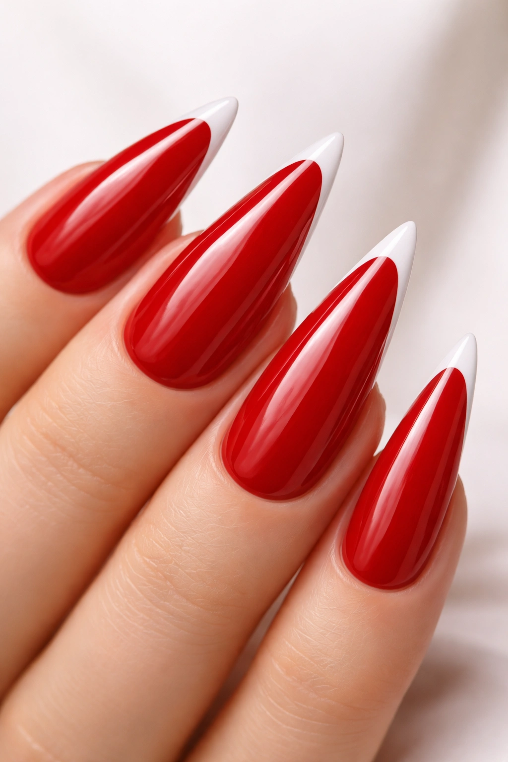 Red stiletto nail with thin white tip.