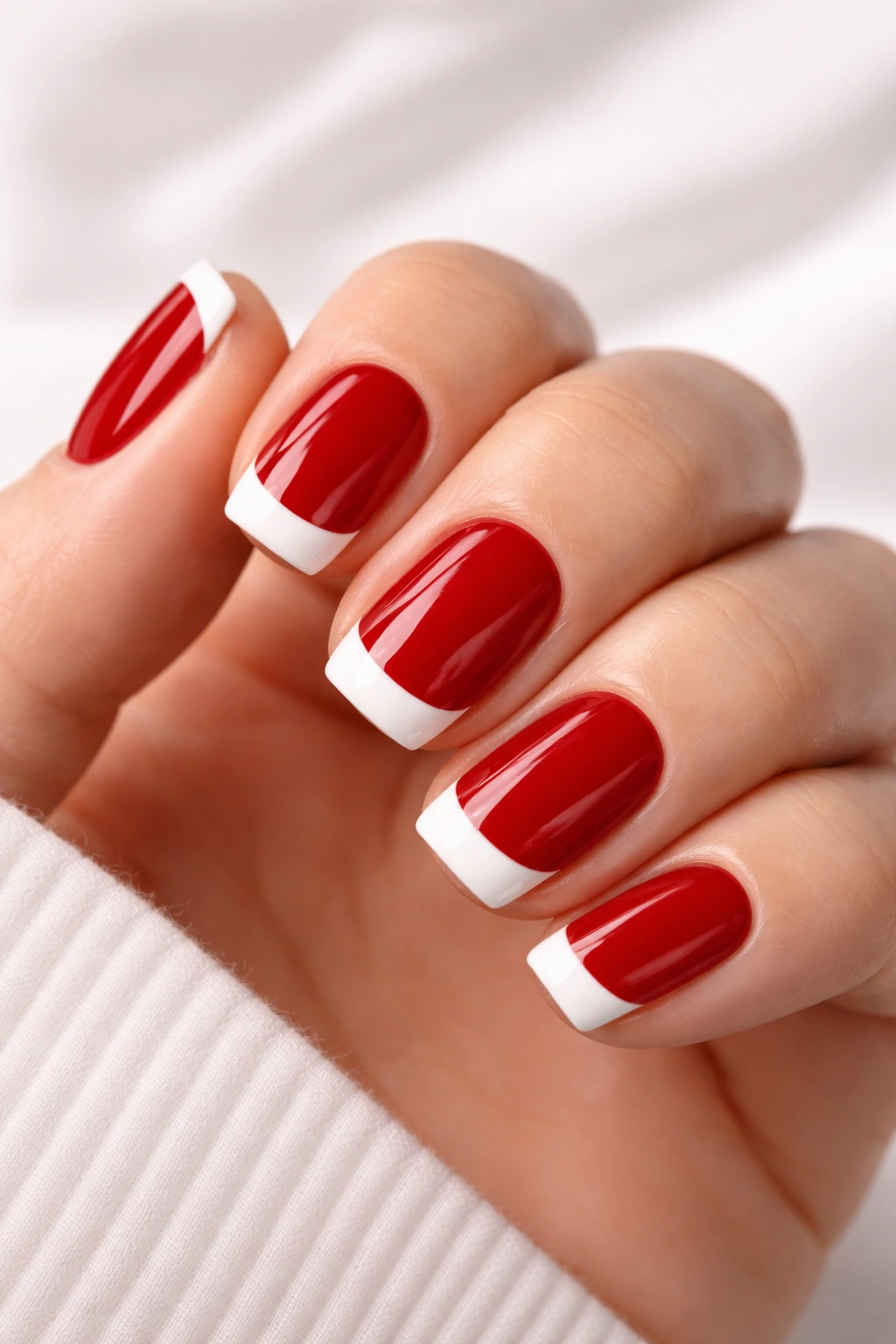 Classic red nails with bold white tips on short squoval nails