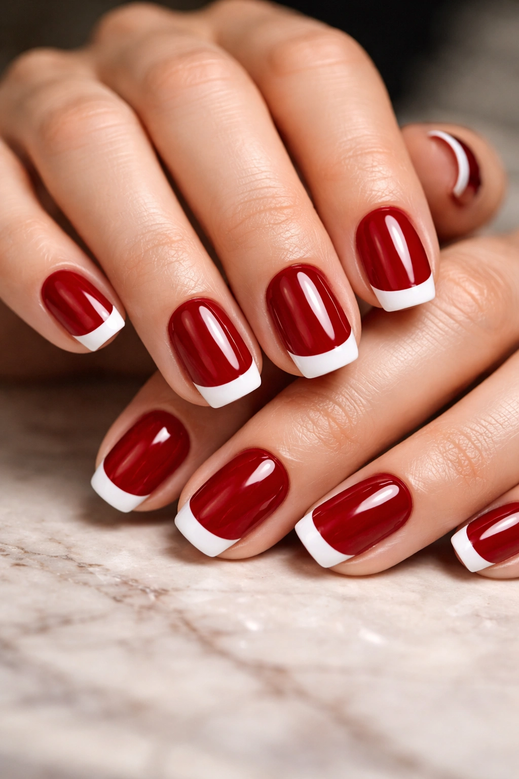 Close-up of short squoval nails with red base and white tips highlighting a crisp, precise manicure
