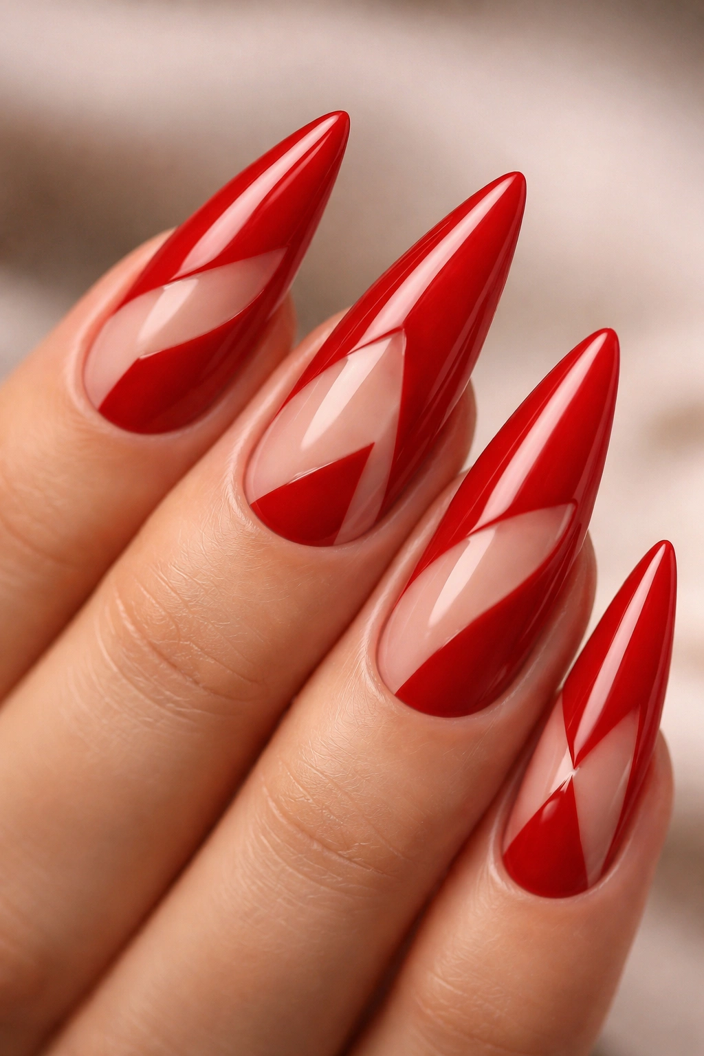 Red stiletto nail with negative space geometric design