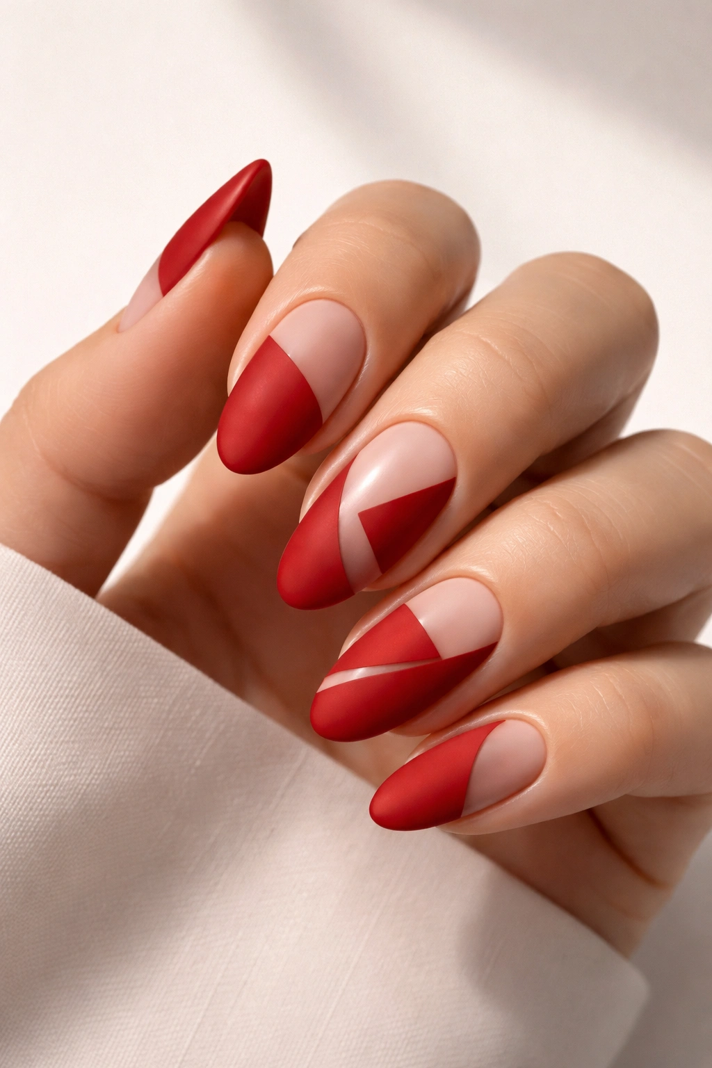 Close-up of red negative space nails with matte red and clear spaces