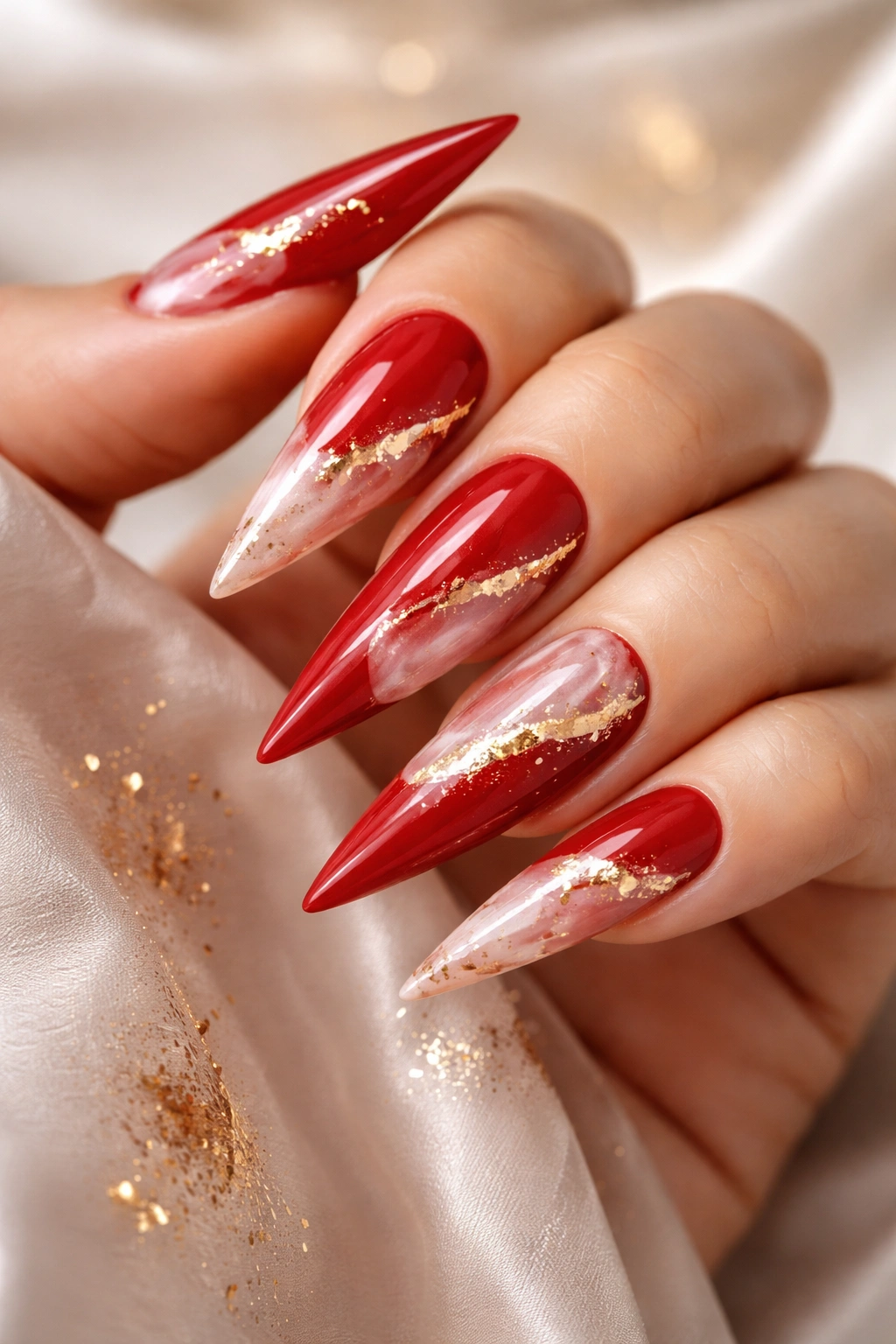 Red stiletto nails with nude marble swirls and gold flecks.