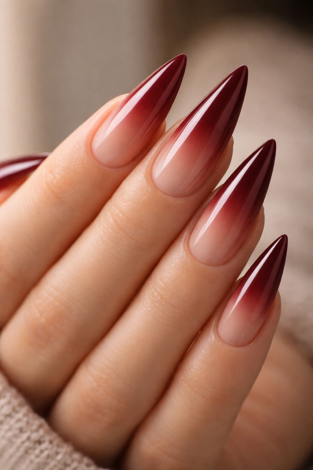Stiletto nails with deep red to nude ombre gradient