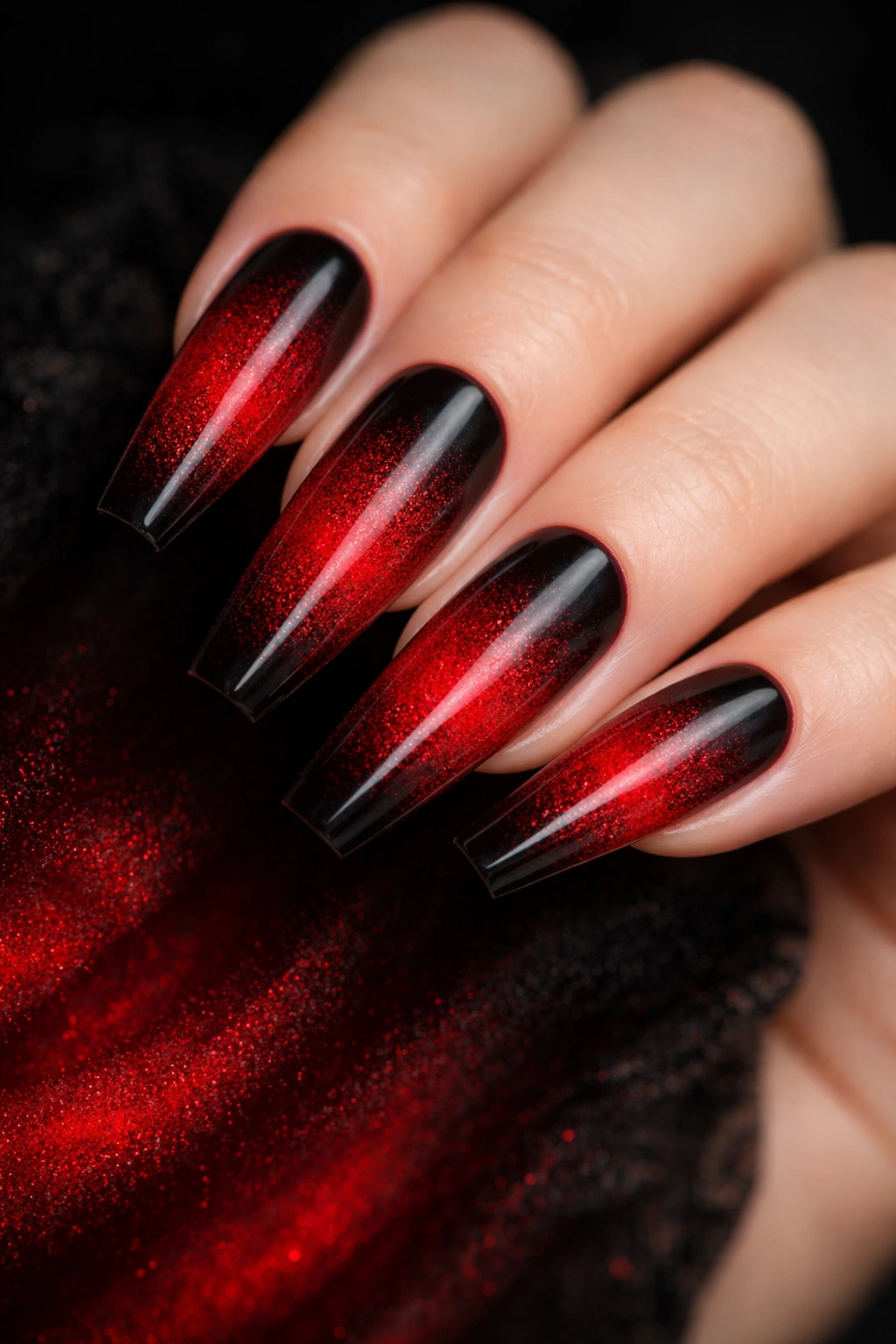Coffin nails with black base and red ombre dust effect
