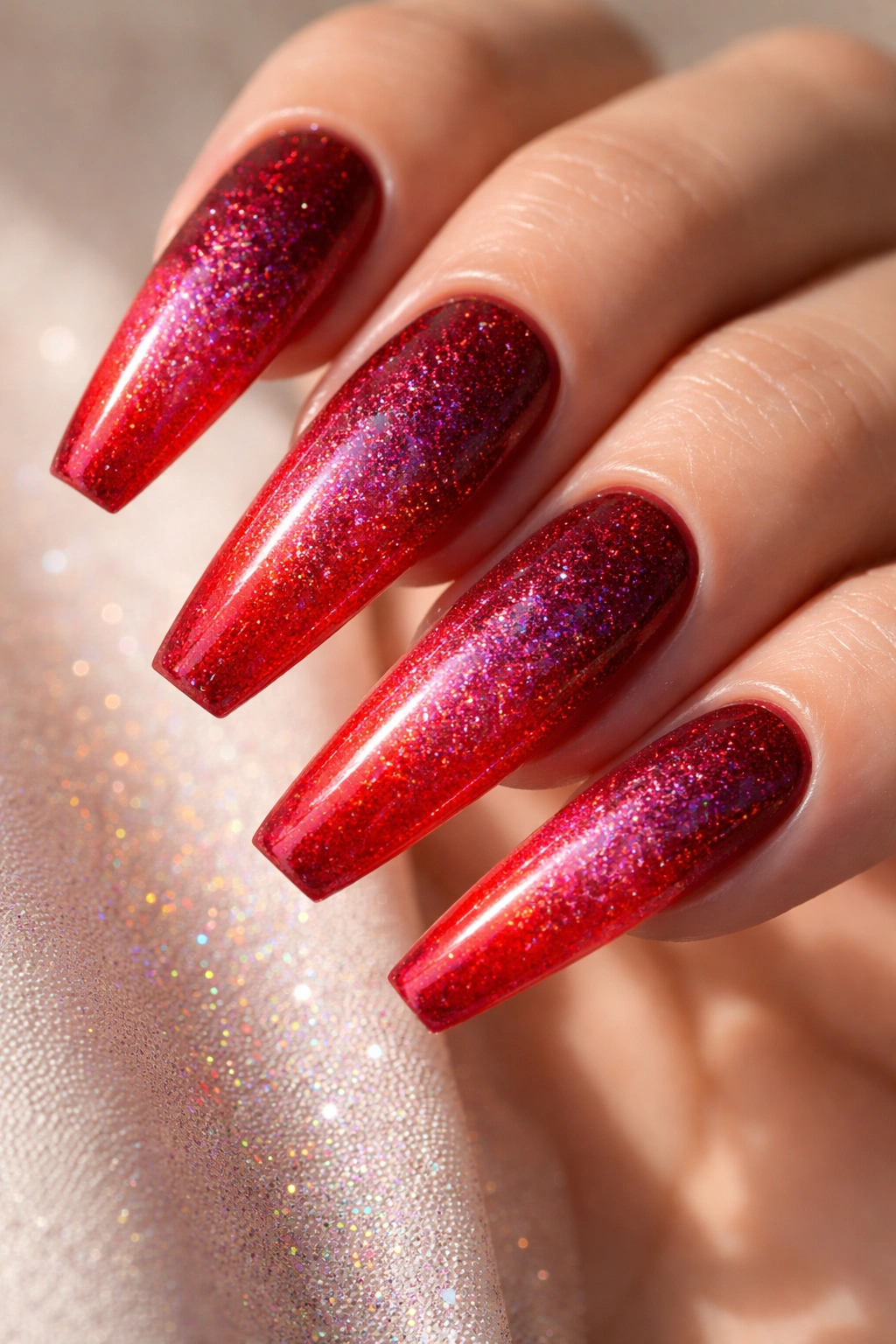 Red ombre coffin nails with holographic dust shimmer