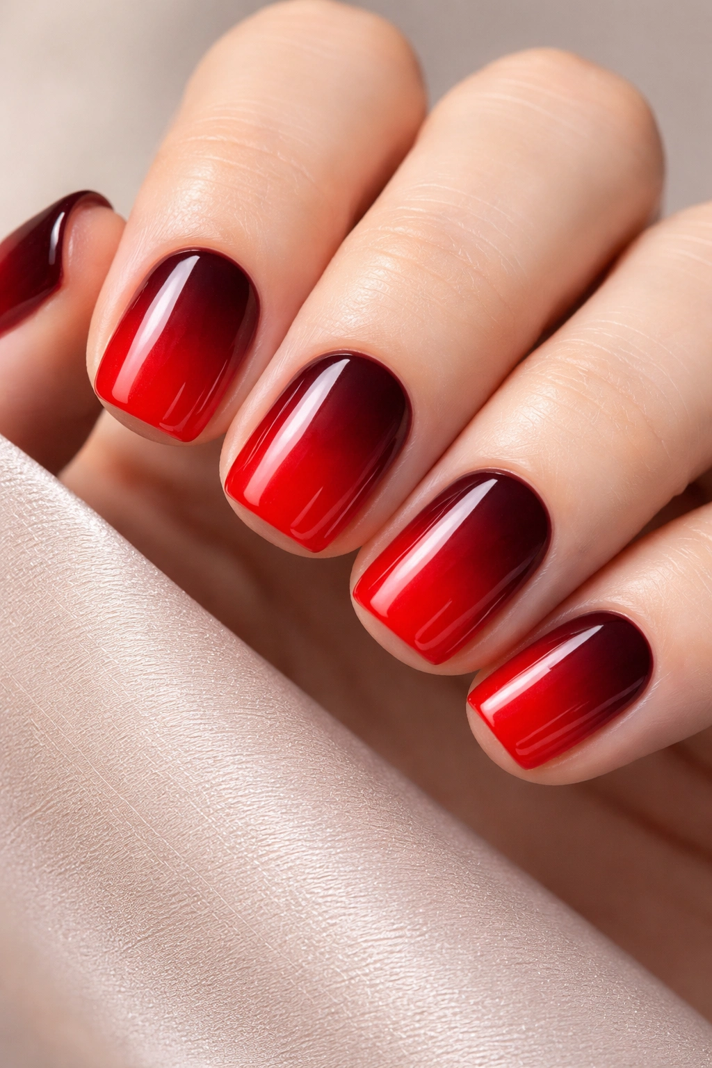 Short squoval nails with deep burgundy to bright red ombre