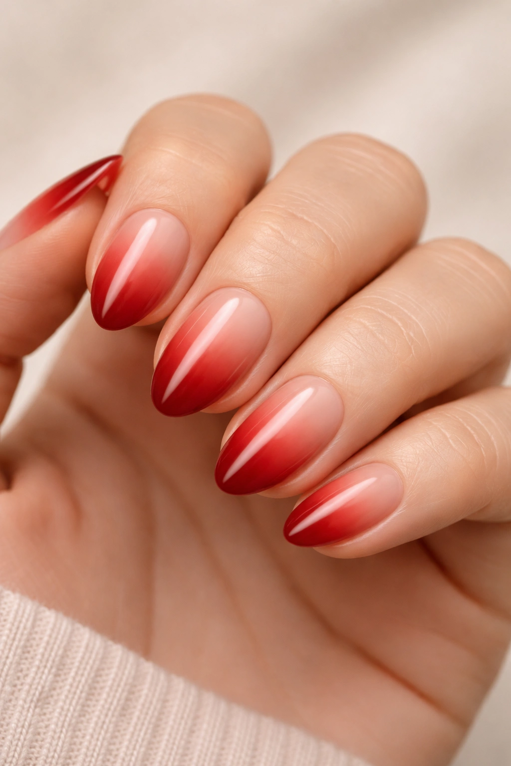 Close-up of red ombré almond nails showing smooth gradient.
