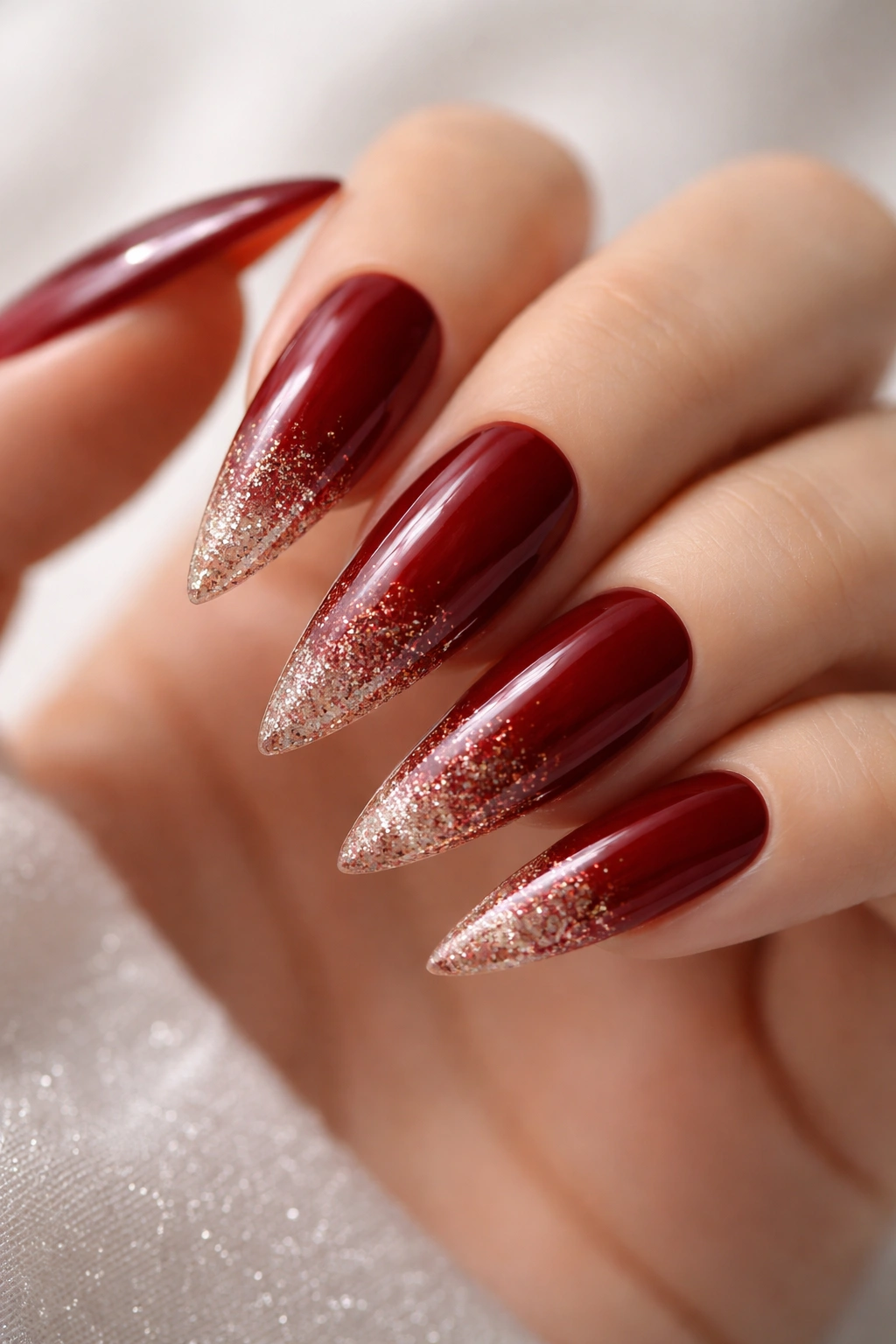 Close-up of deep red ombre nails with glitter fade on stiletto tips