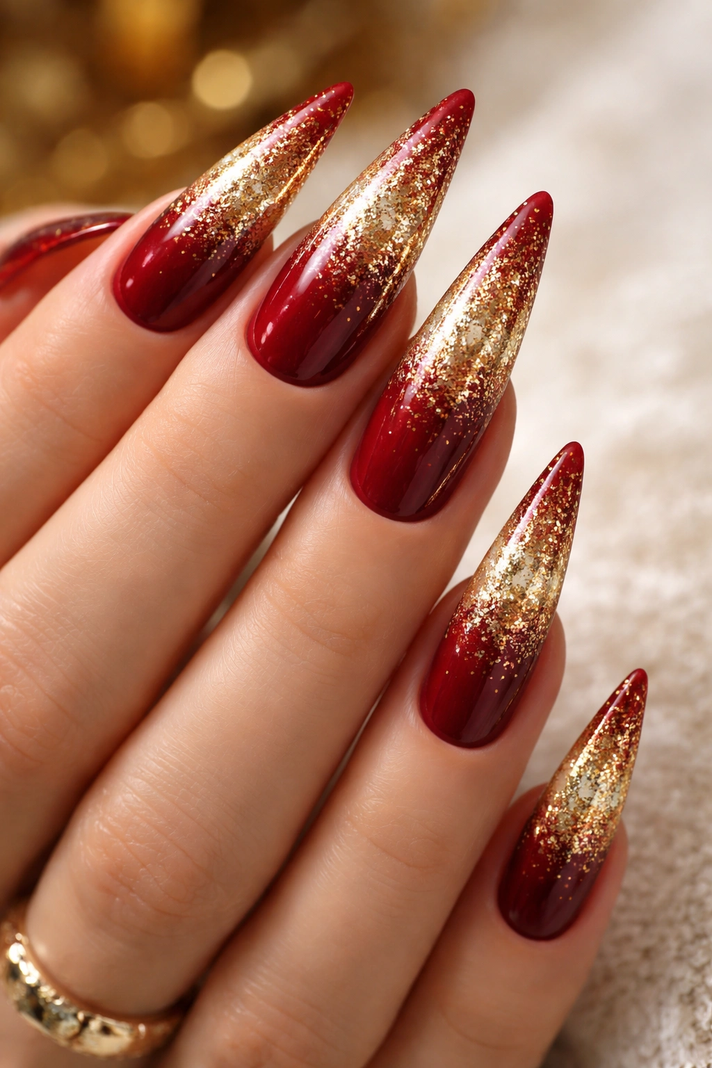 Stiletto nails with red base fading into gold glitter tips